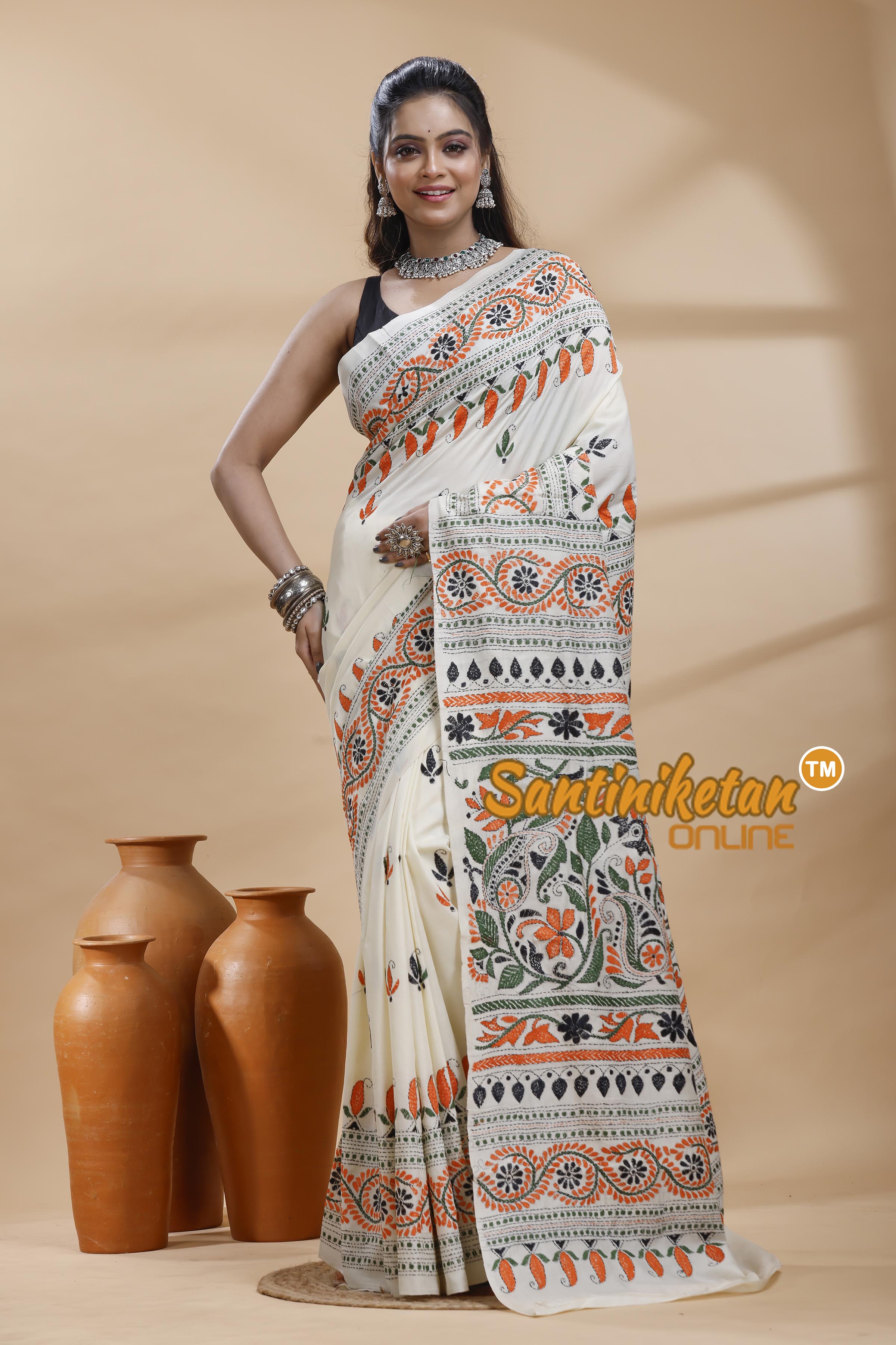 Tussar Silk Kantha Stitch Saree