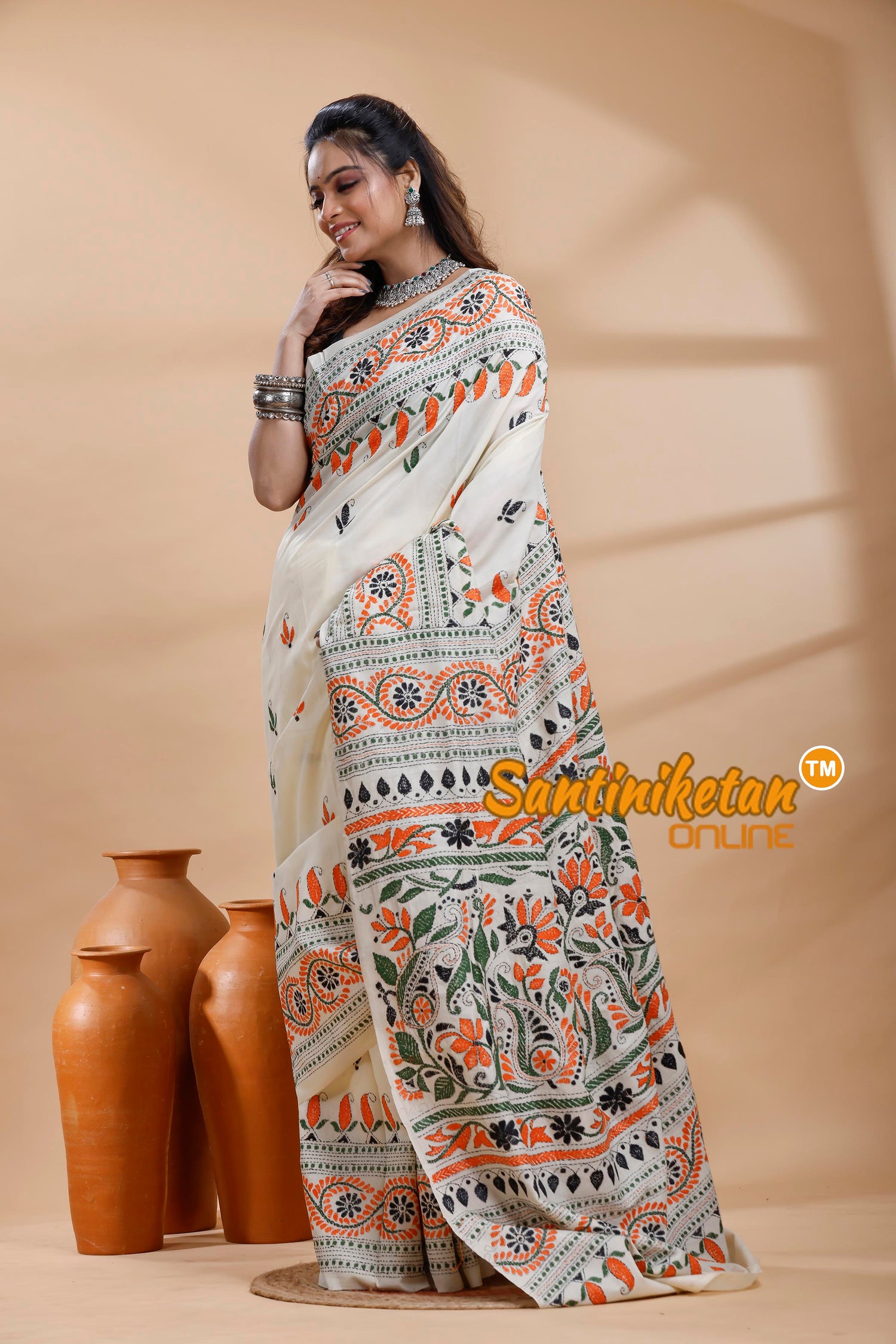 Tussar Silk Kantha Stitch Saree