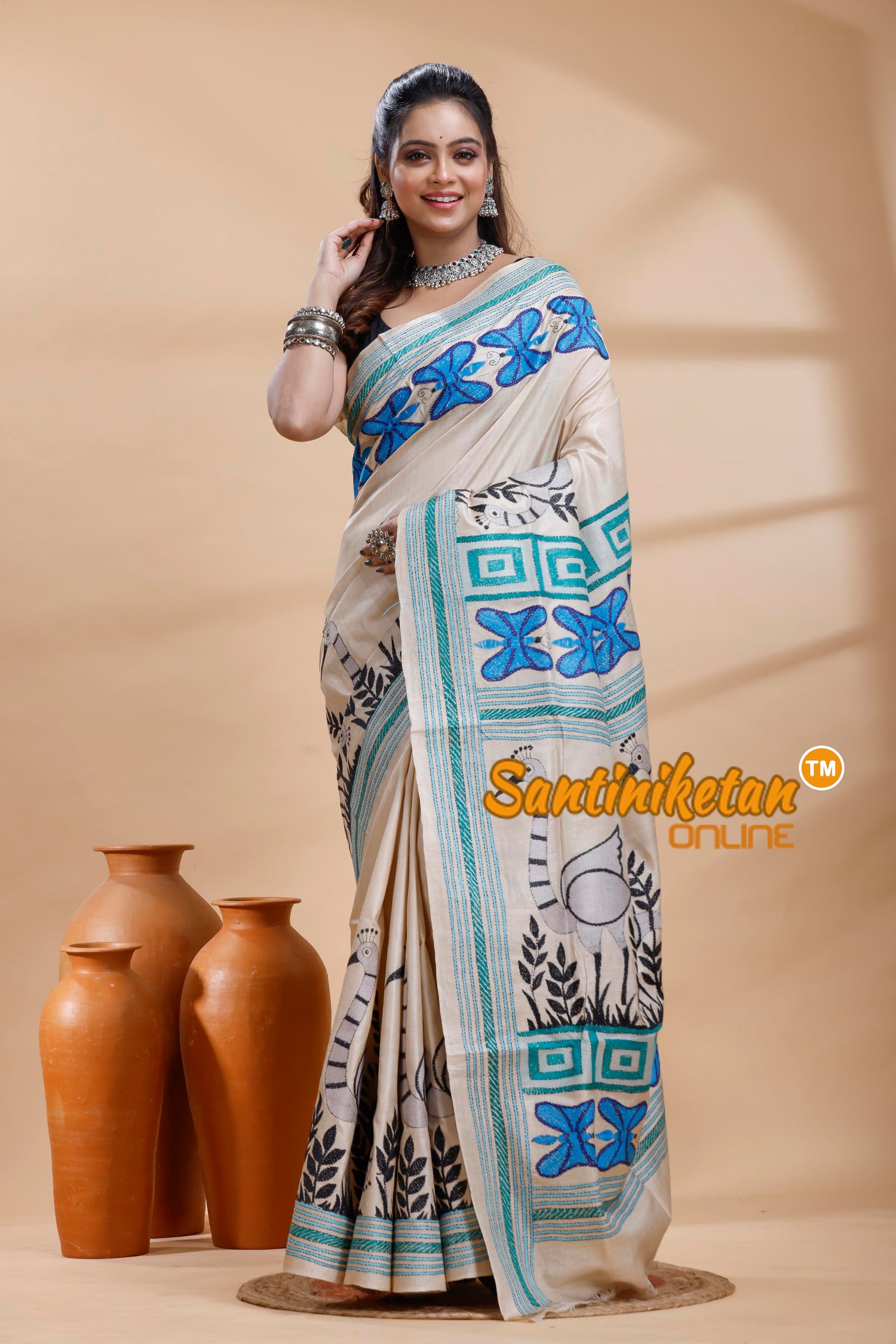 Pure Gachi Tussar Silk Kantha Stitch Saree