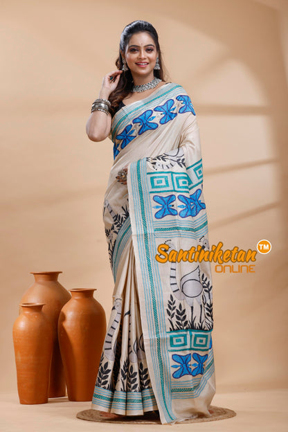 Pure Gachi Tussar Silk Kantha Stitch Saree