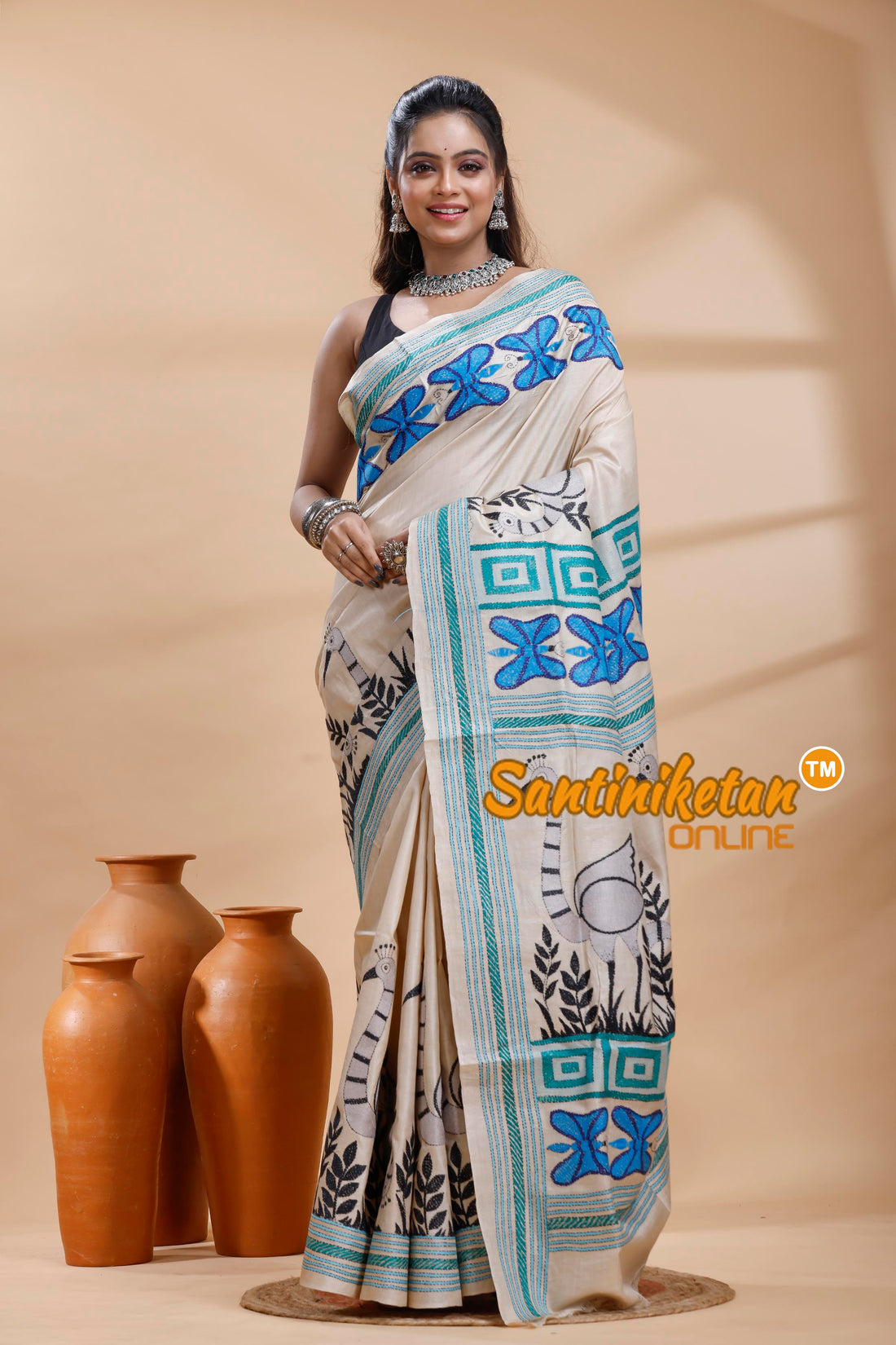 Pure Gachi Tussar Silk Kantha Stitch Saree