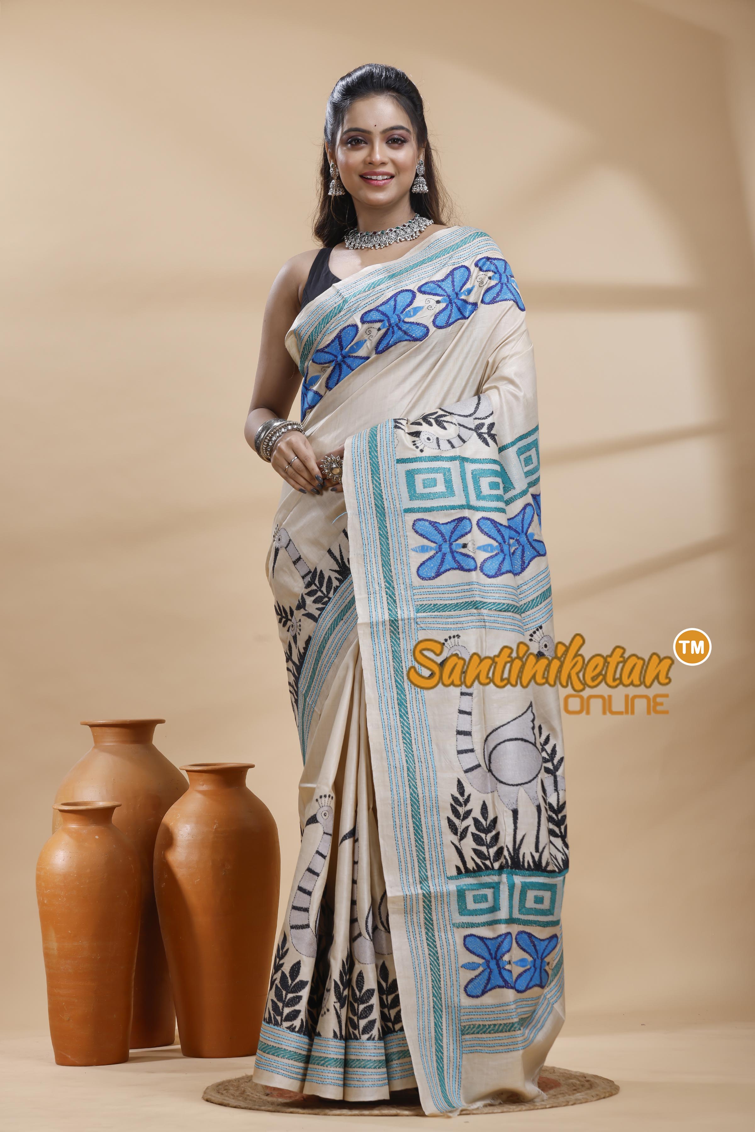Pure Gachi Tussar Silk Kantha Stitch Saree
