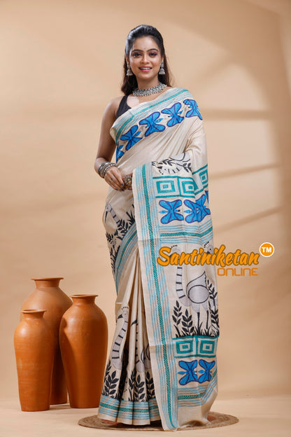 Pure Gachi Tussar Silk Kantha Stitch Saree