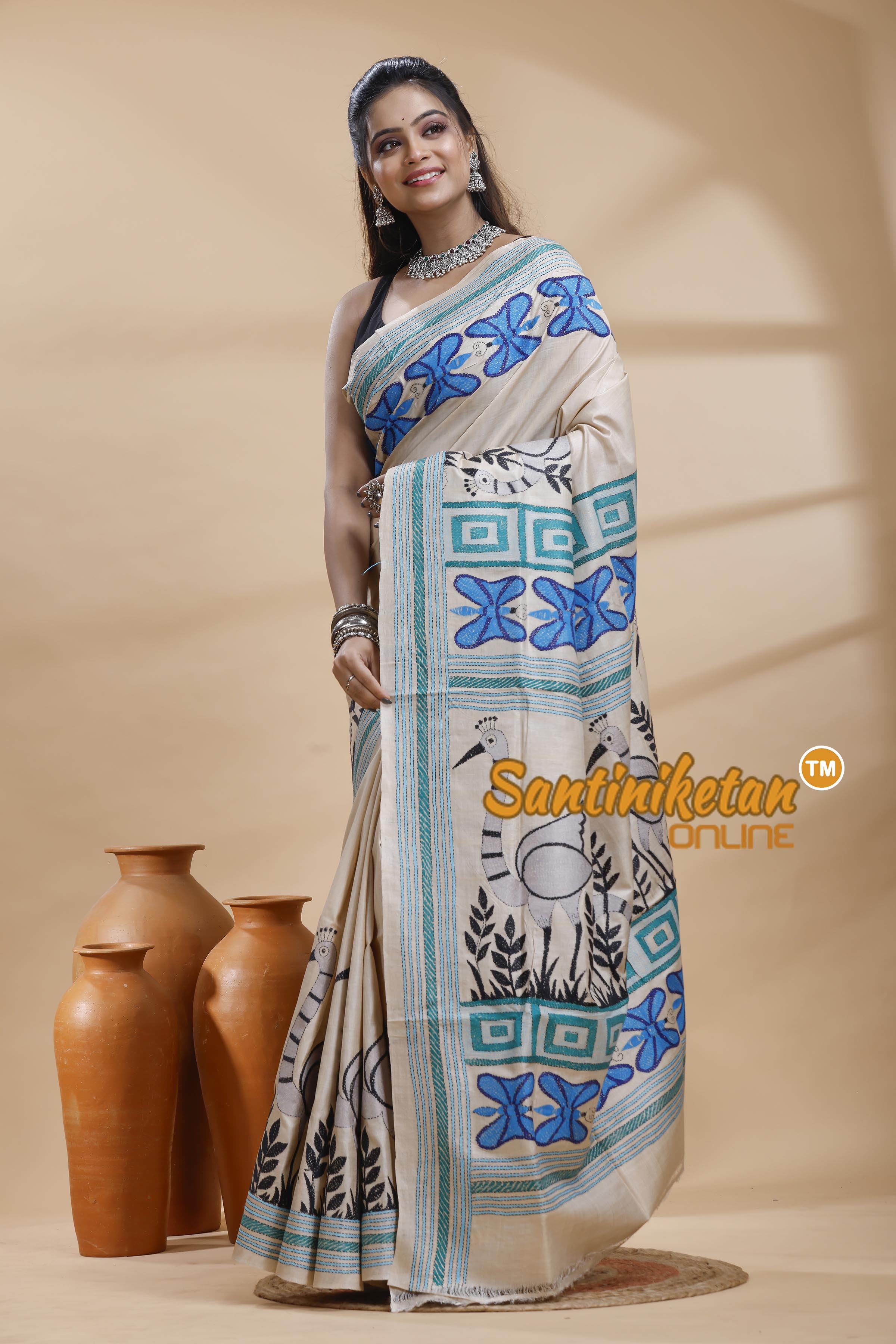 Pure Gachi Tussar Silk Kantha Stitch Saree