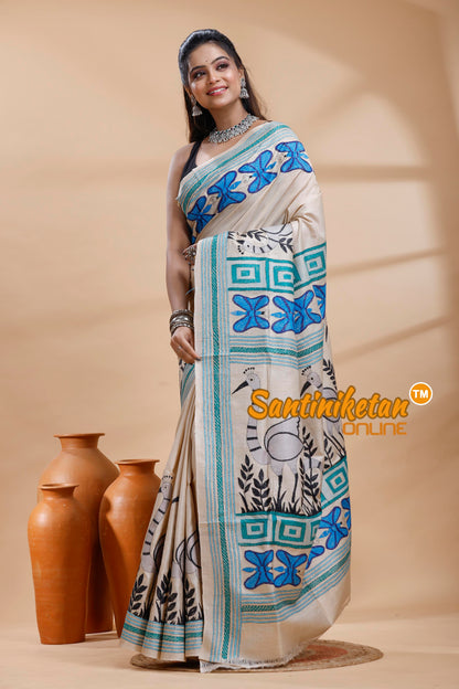 Pure Gachi Tussar Silk Kantha Stitch Saree