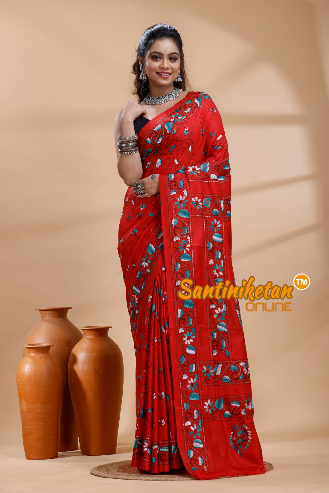 Bangalore Silk Kantha Stitch Saree