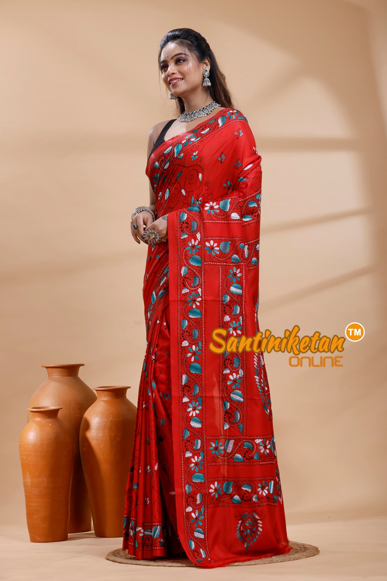 Bangalore Silk Kantha Stitch Saree