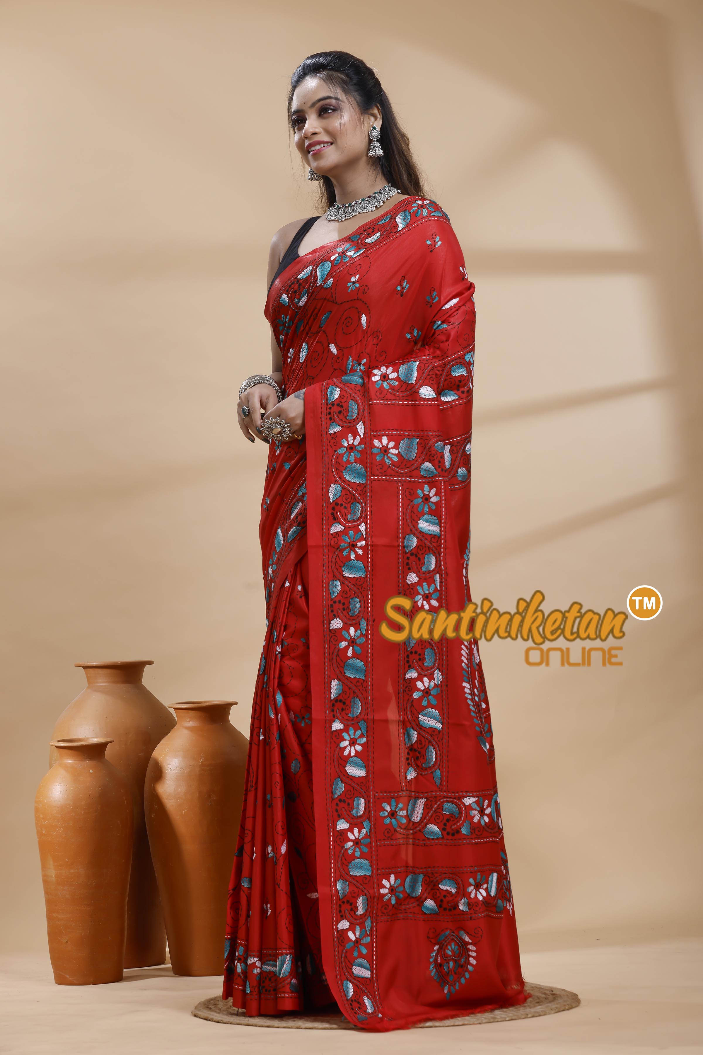 Bangalore Silk Kantha Stitch Saree