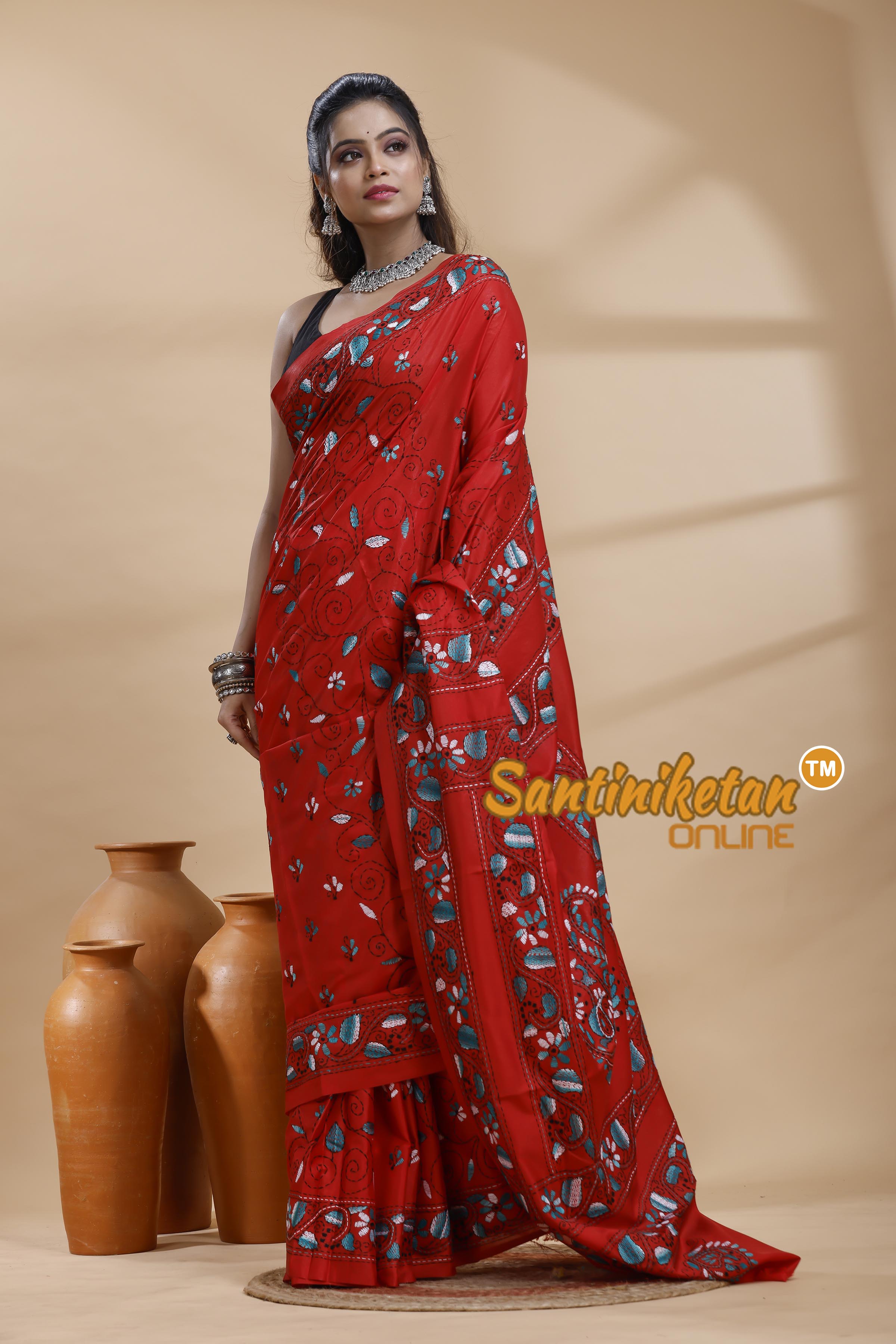 Bangalore Silk Kantha Stitch Saree