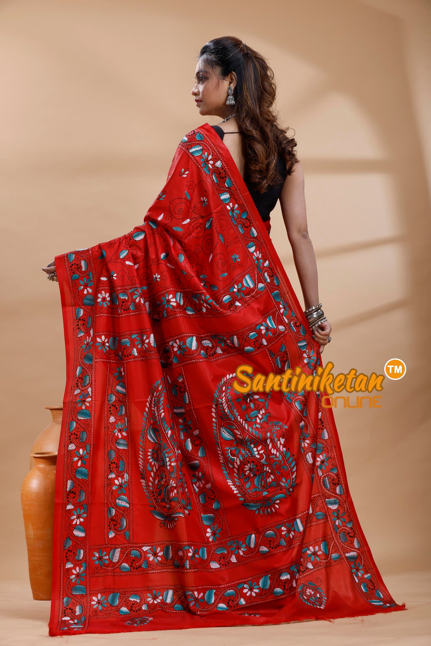 Bangalore Silk Kantha Stitch Saree