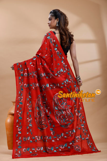 Bangalore Silk Kantha Stitch Saree