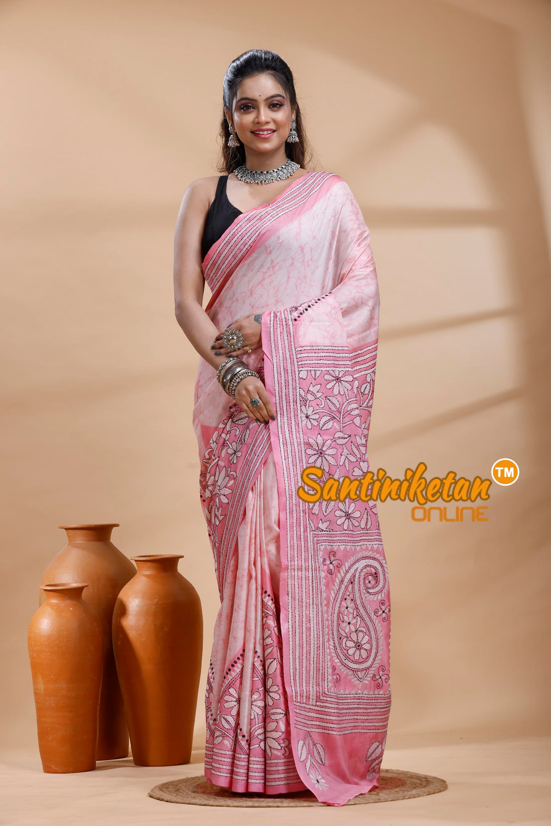 Bangalore Silk Batik Kantha Stitch Saree