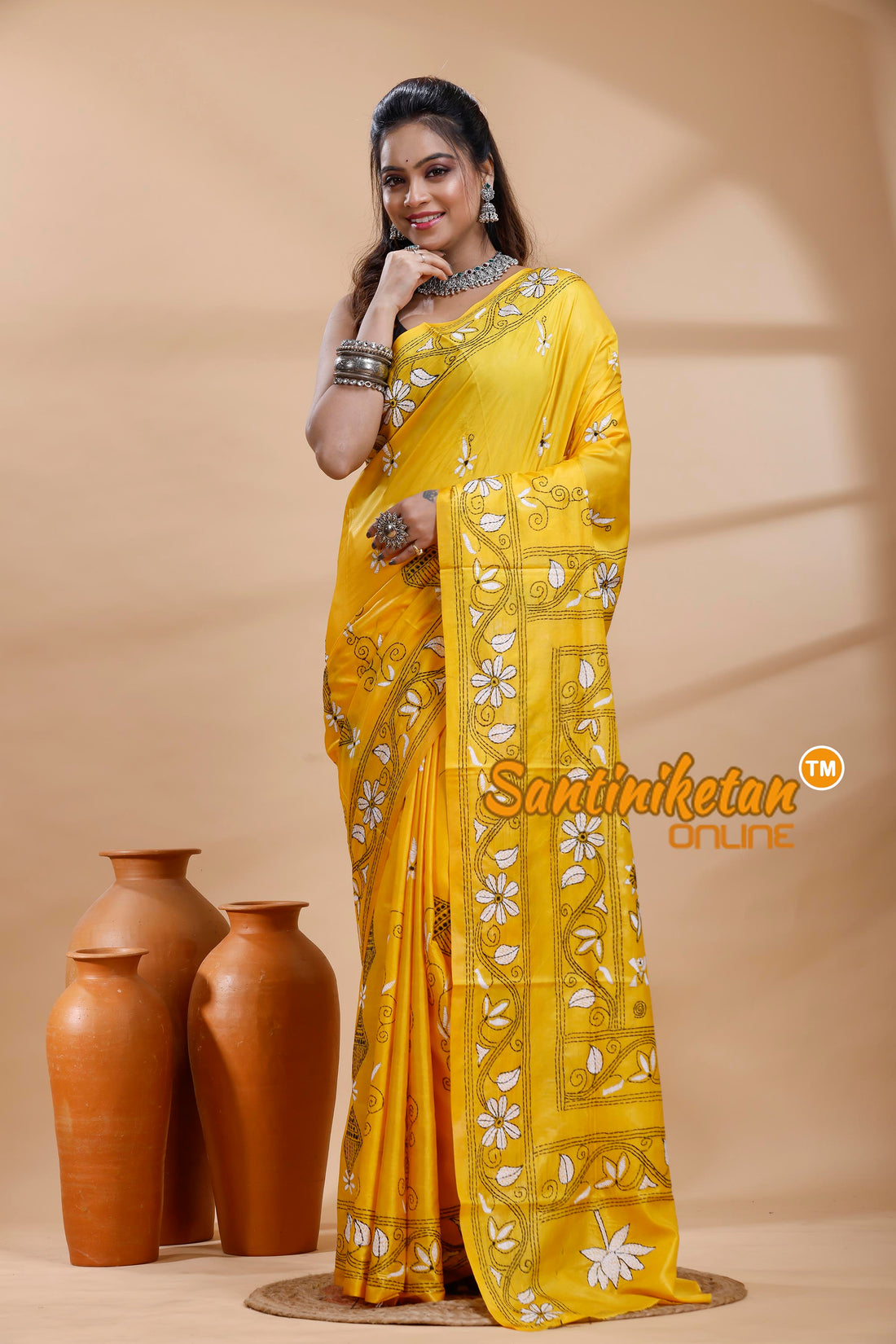 Bangalore Silk Kantha Stitch Saree
