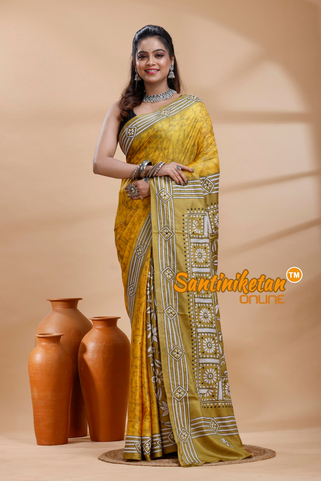Bangalore Silk Batik Kantha Stitch Saree