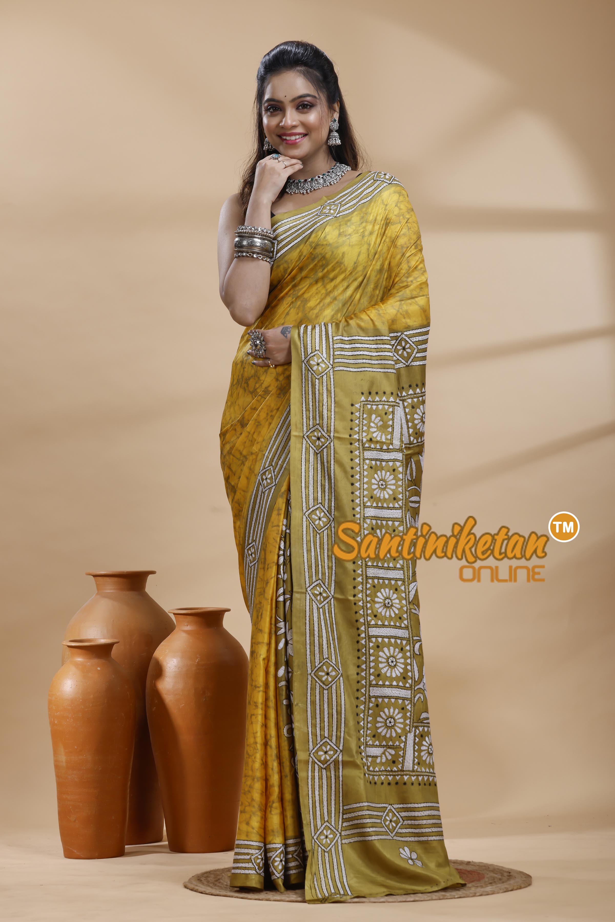 Bangalore Silk Batik Kantha Stitch Saree
