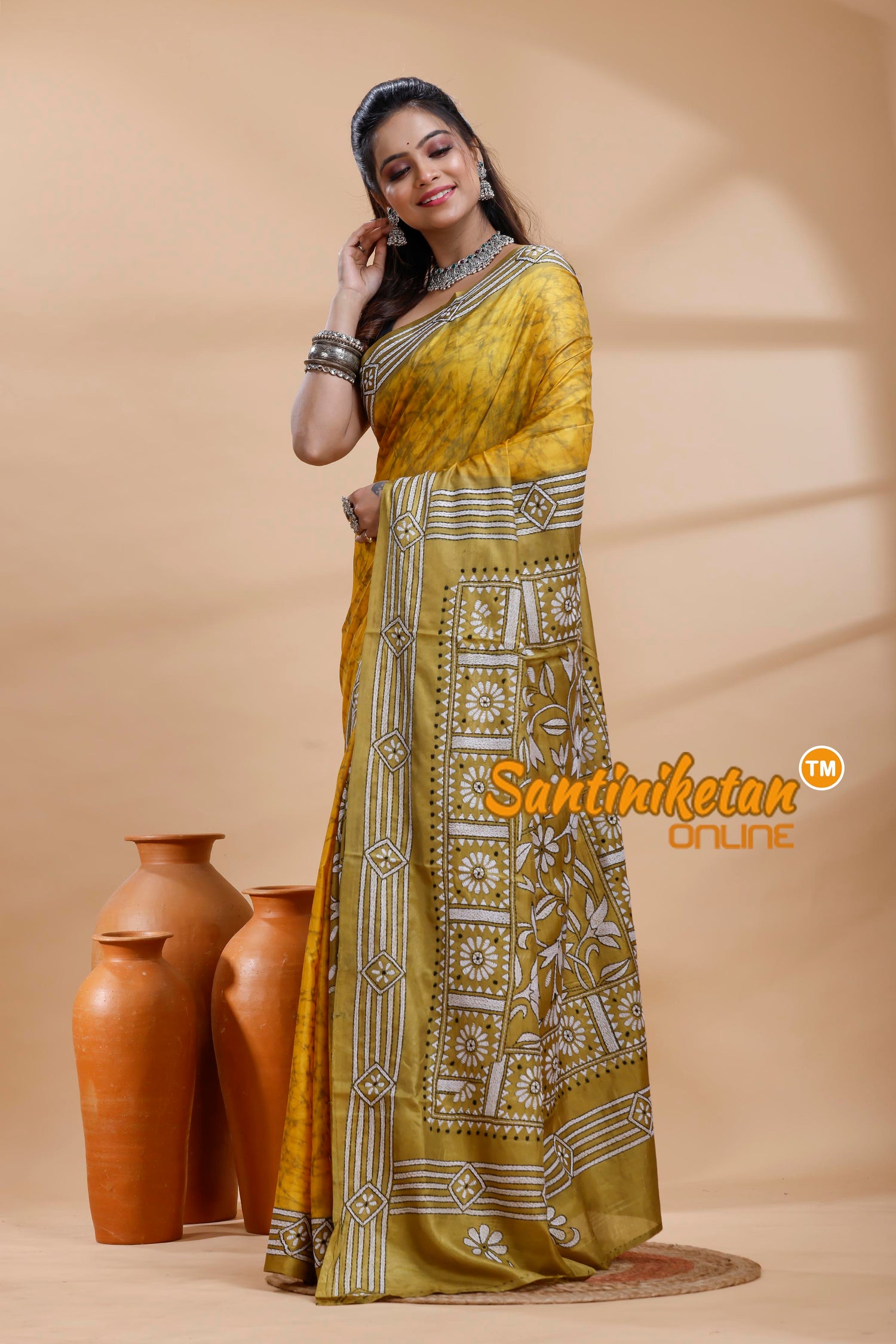 Bangalore Silk Batik Kantha Stitch Saree