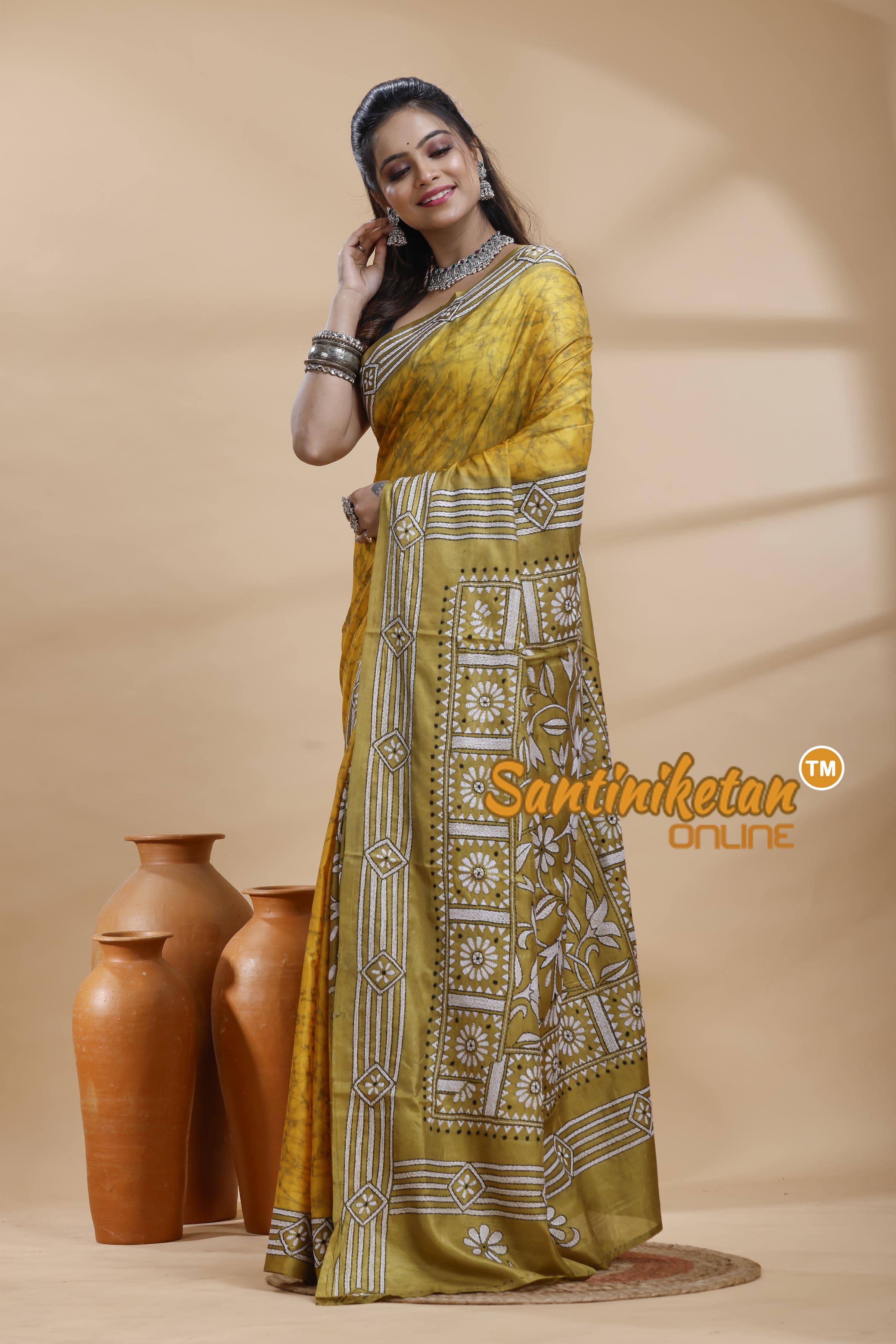 Bangalore Silk Batik Kantha Stitch Saree
