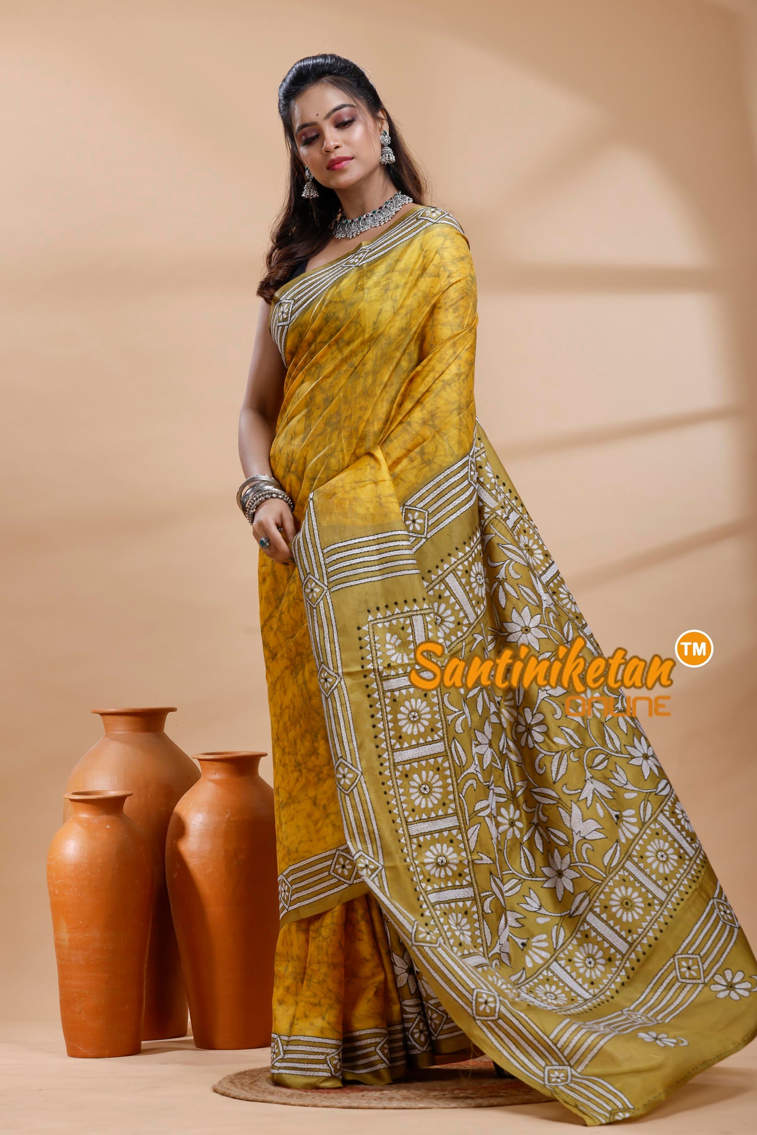 Bangalore Silk Batik Kantha Stitch Saree