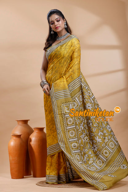Bangalore Silk Batik Kantha Stitch Saree