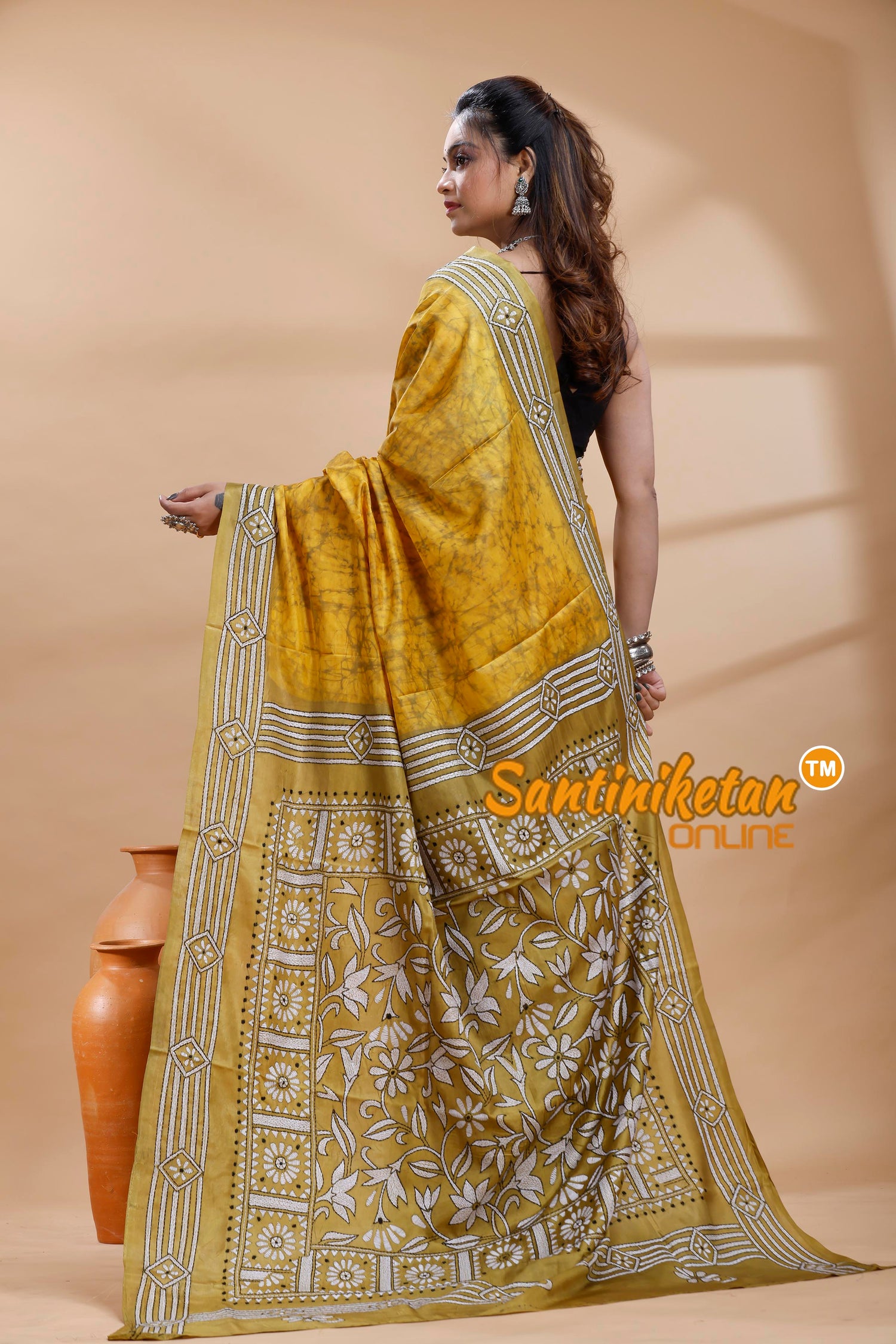 Bangalore Silk Batik Kantha Stitch Saree