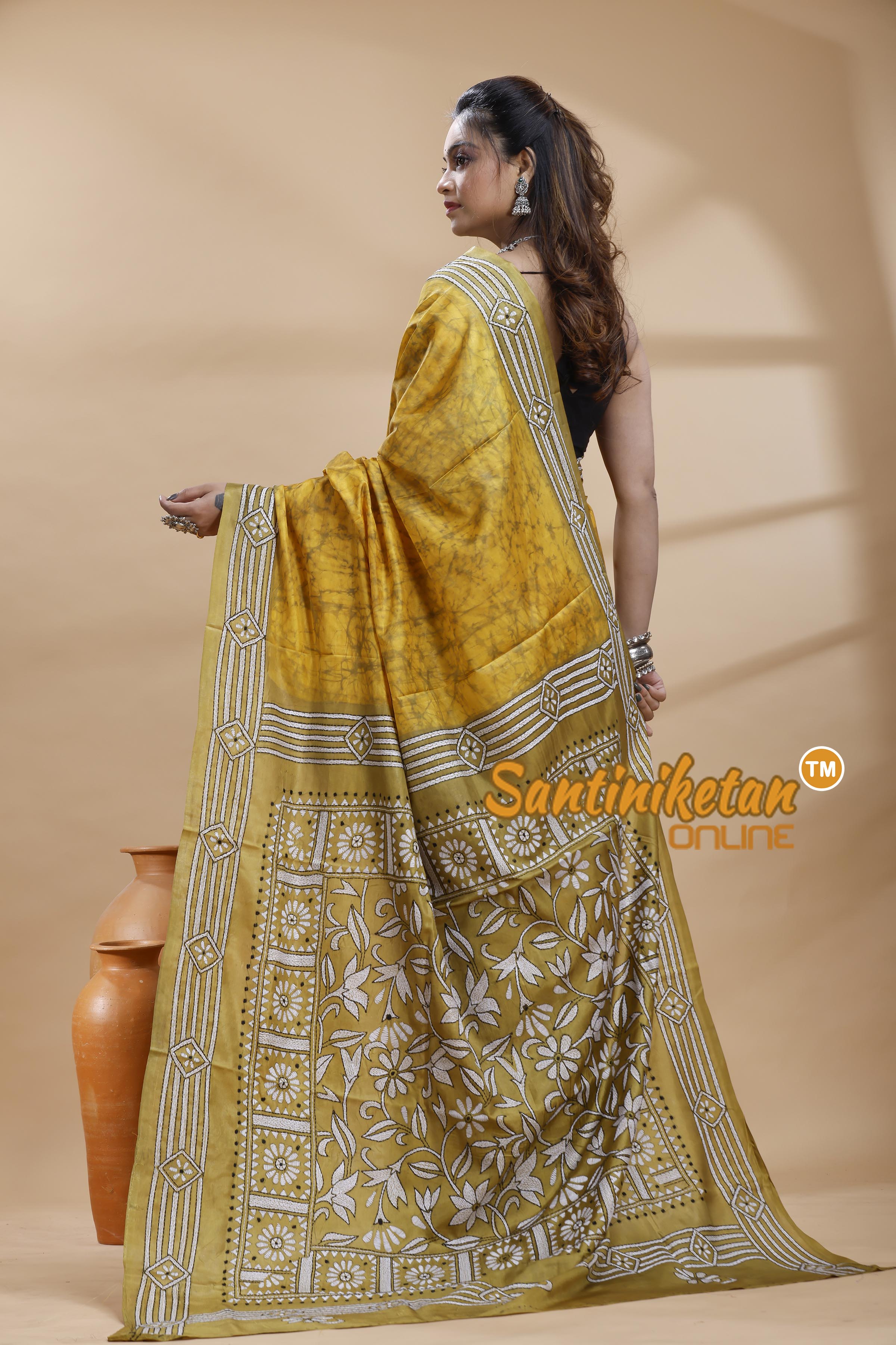 Bangalore Silk Batik Kantha Stitch Saree