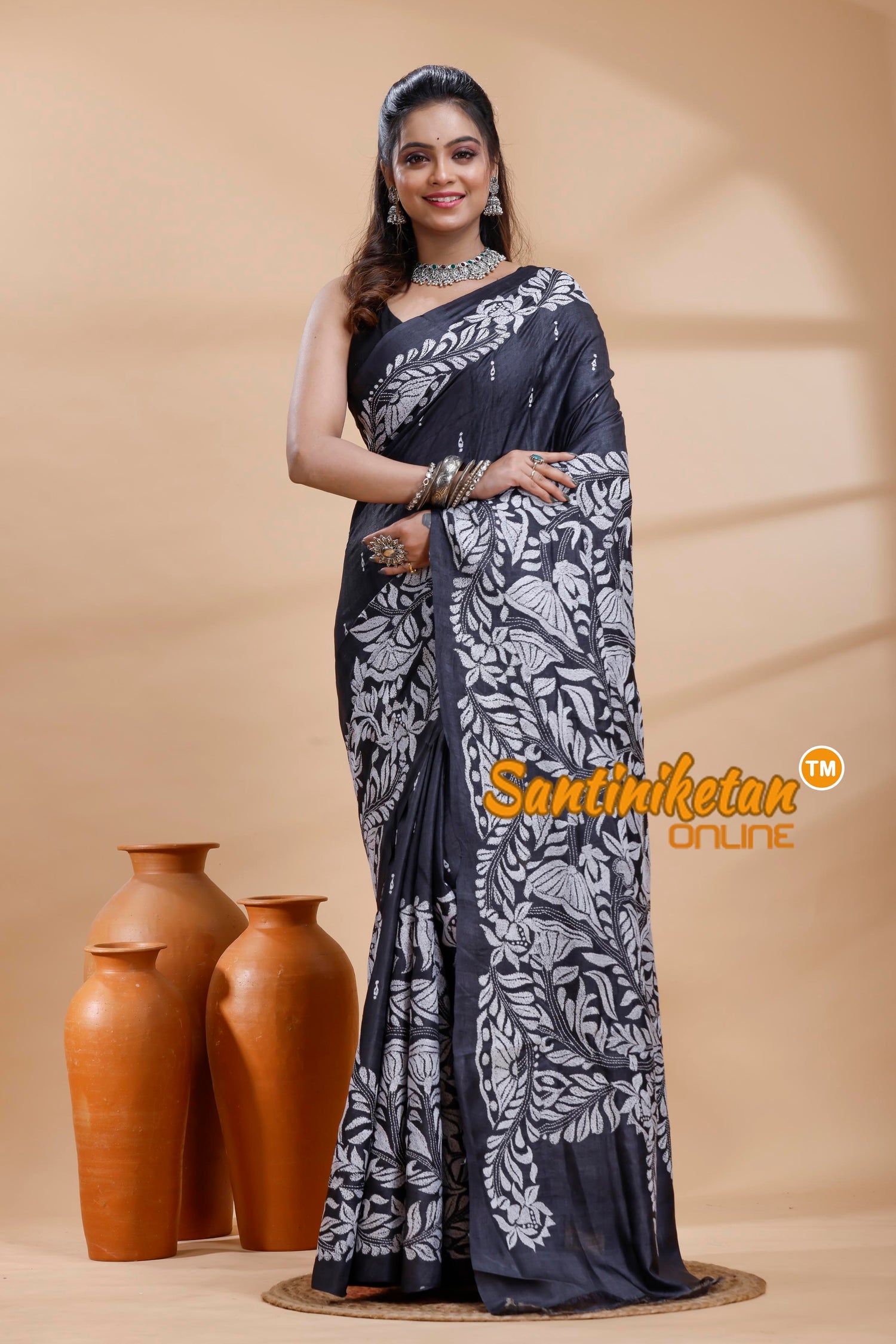 Dye Pure Gachi Tussar Silk Kantha Stitch Saree