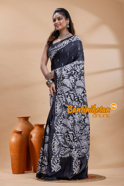 Dye Pure Gachi Tussar Silk Kantha Stitch Saree