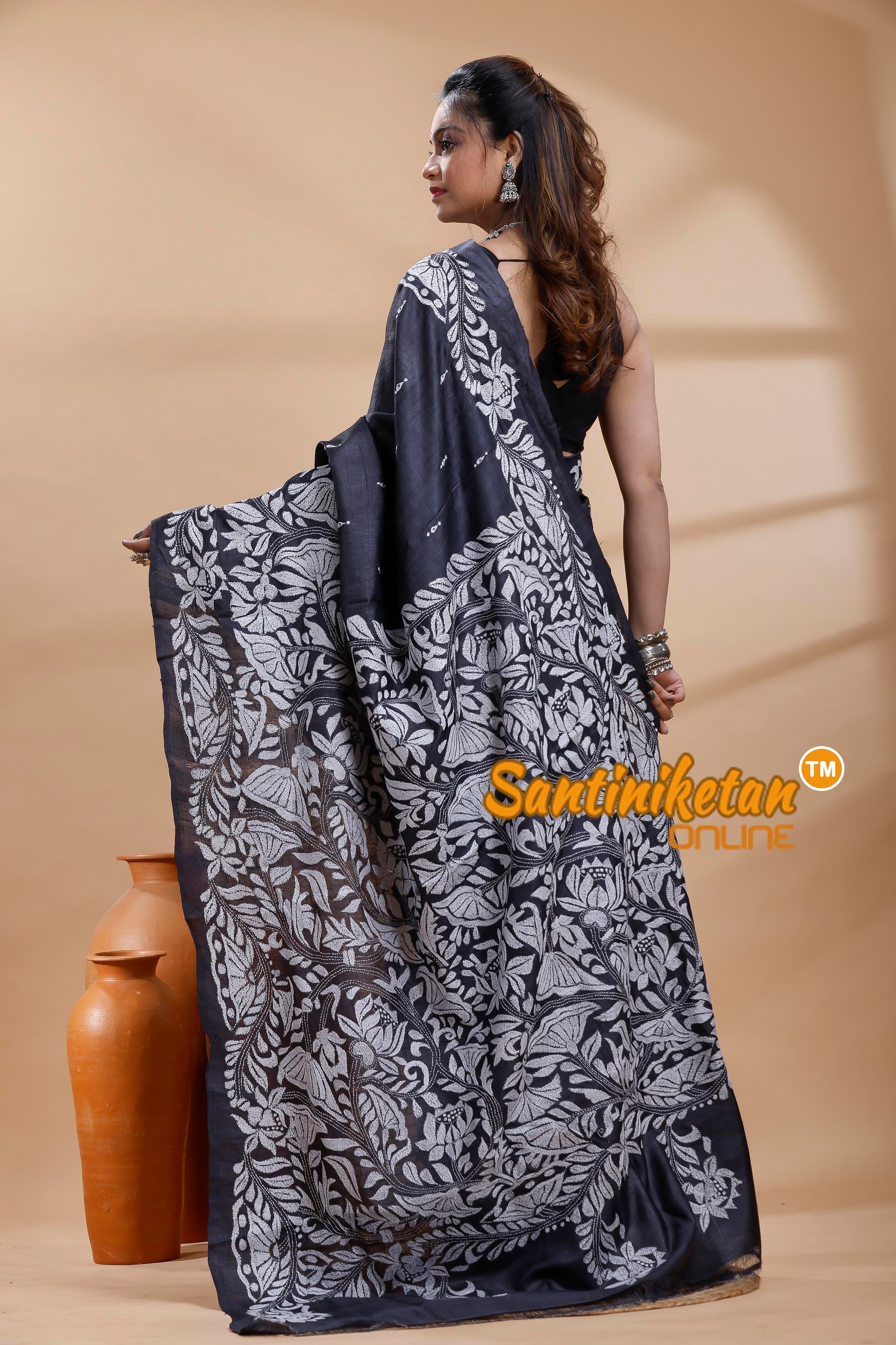 Dye Pure Gachi Tussar Silk Kantha Stitch Saree