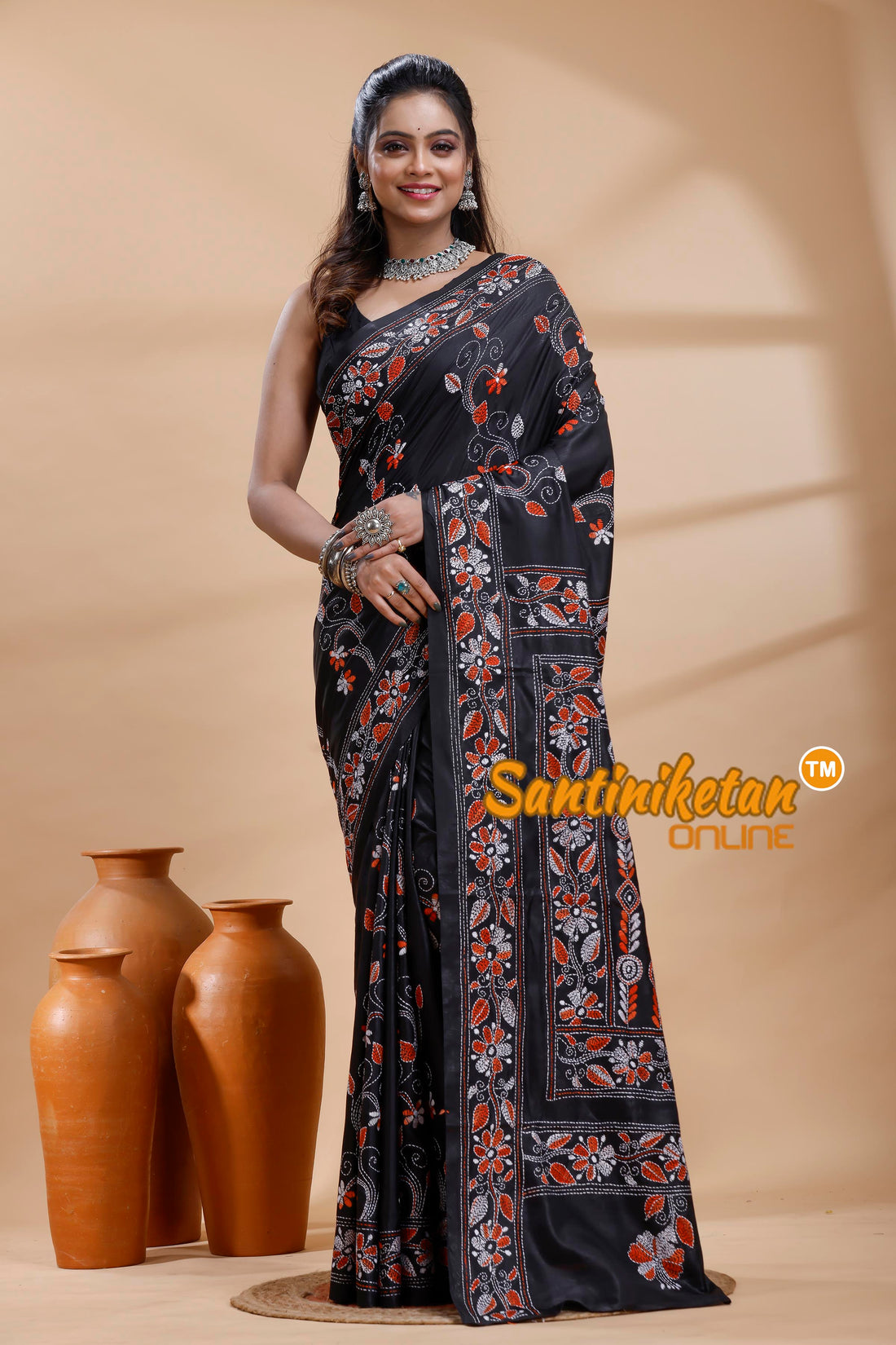 Bangalore Silk Kantha Stitch Saree