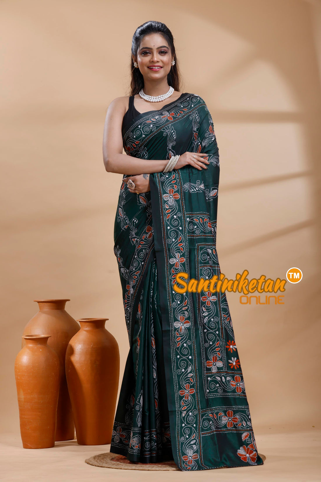 Bangalore Silk Kantha Stitch Saree