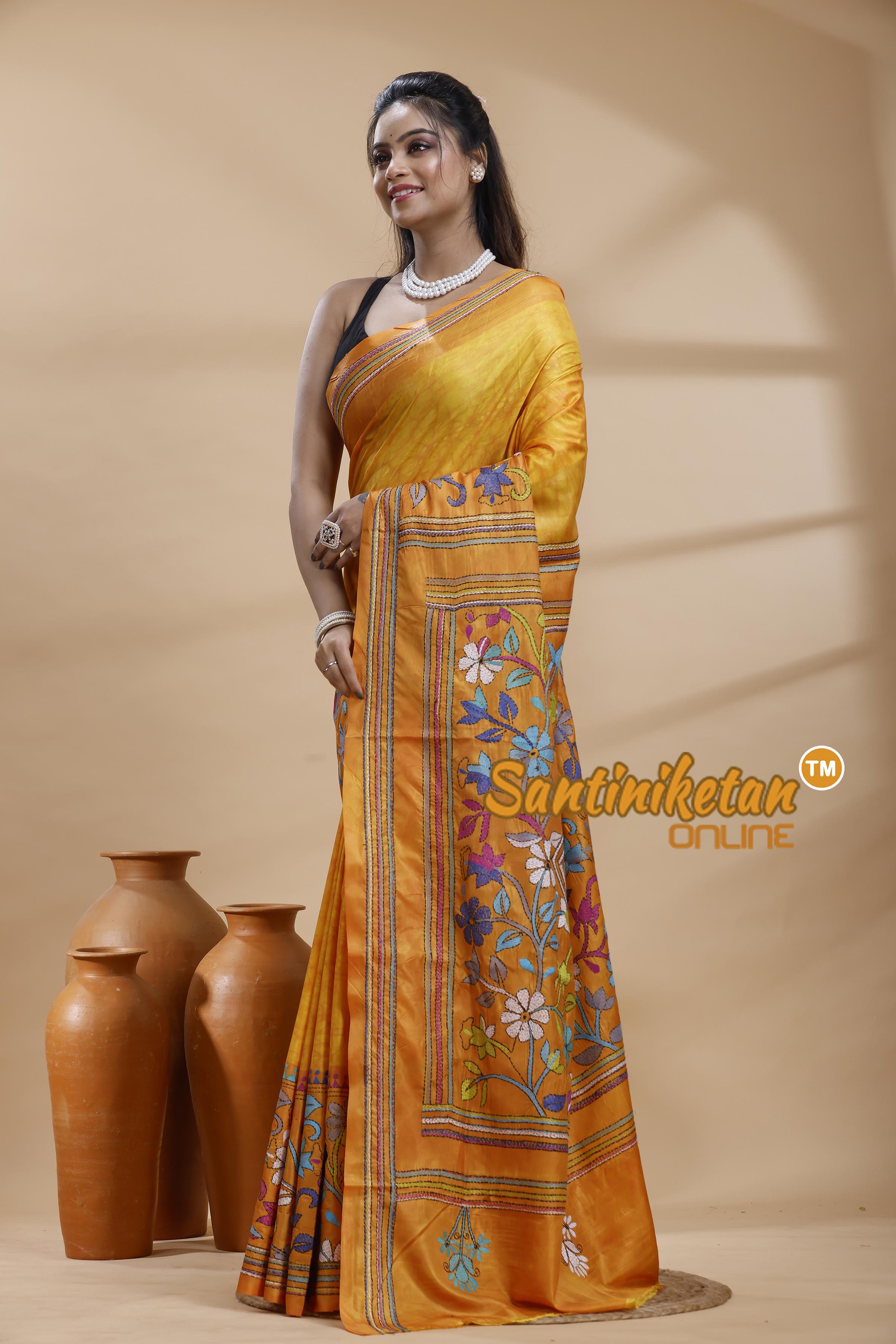 Bangalore Silk Batik Kantha Stitch Saree