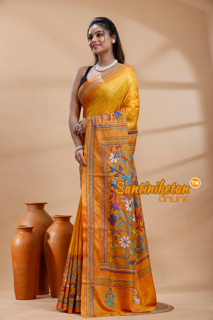 Bangalore Silk Batik Kantha Stitch Saree