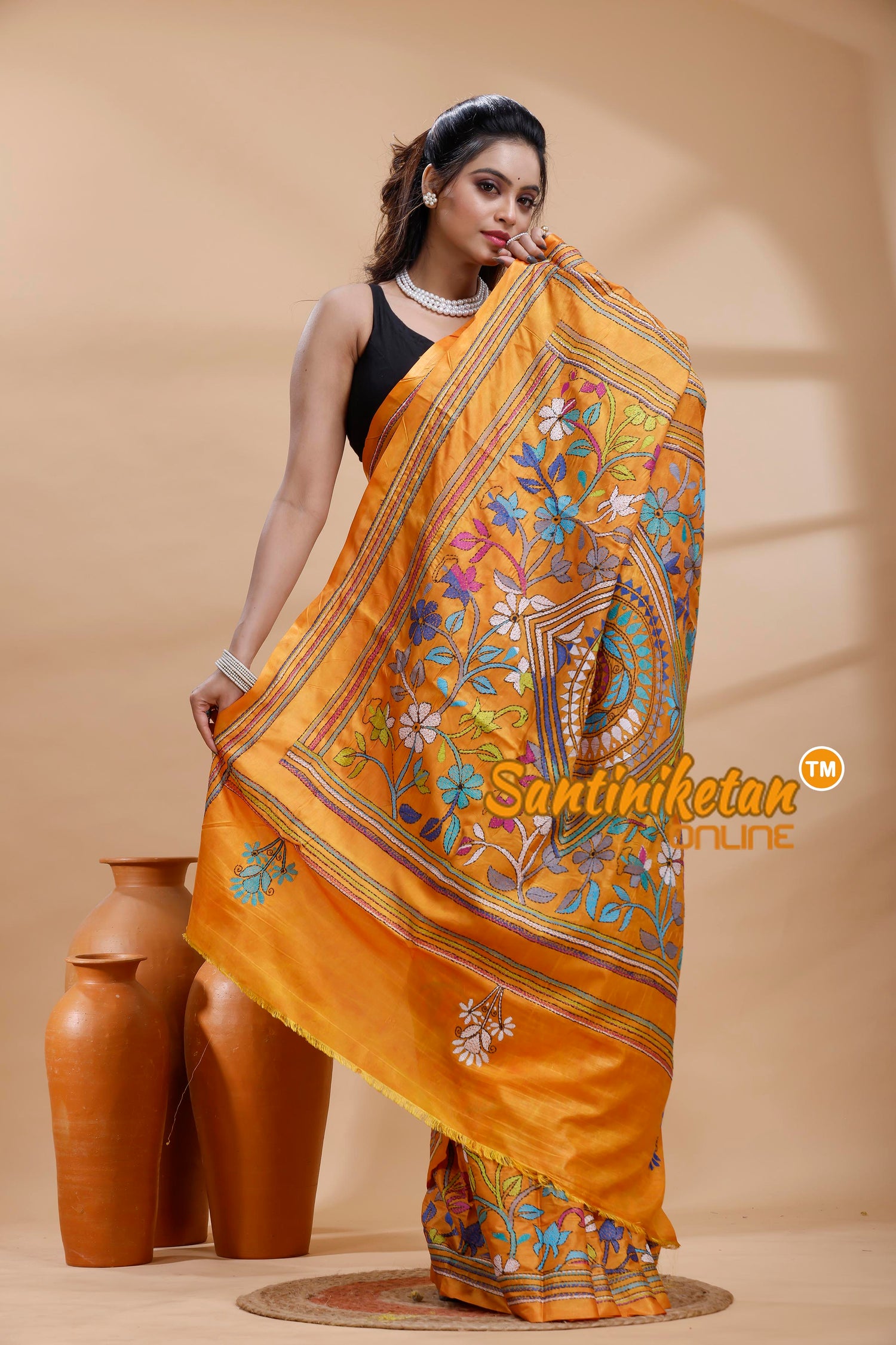 Bangalore Silk Batik Kantha Stitch Saree