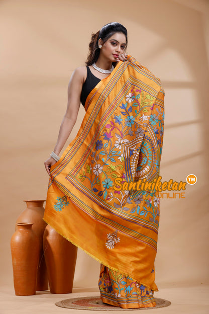 Bangalore Silk Batik Kantha Stitch Saree