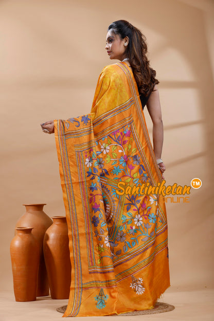 Bangalore Silk Batik Kantha Stitch Saree