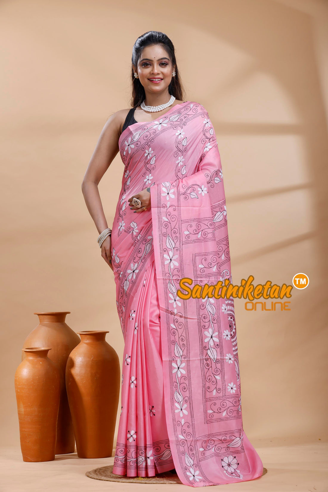 Bangalore Silk Kantha Stitch Saree