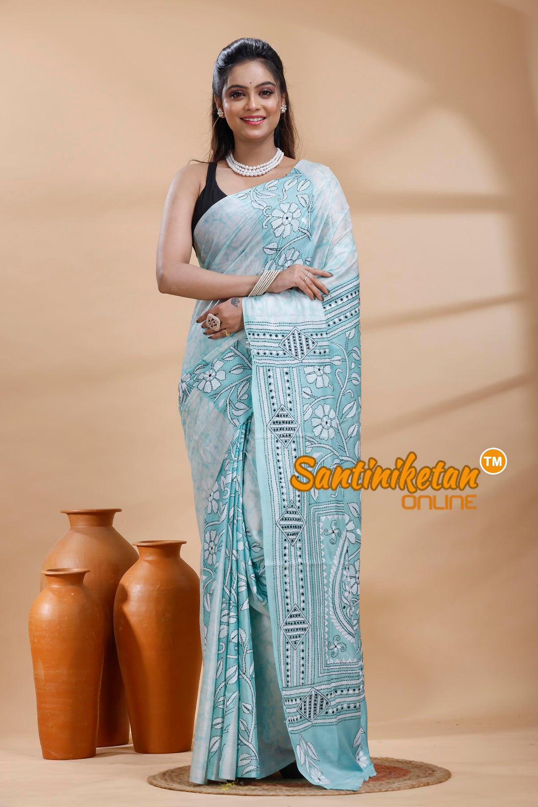 Bangalore Silk Batik Kantha Stitch Saree