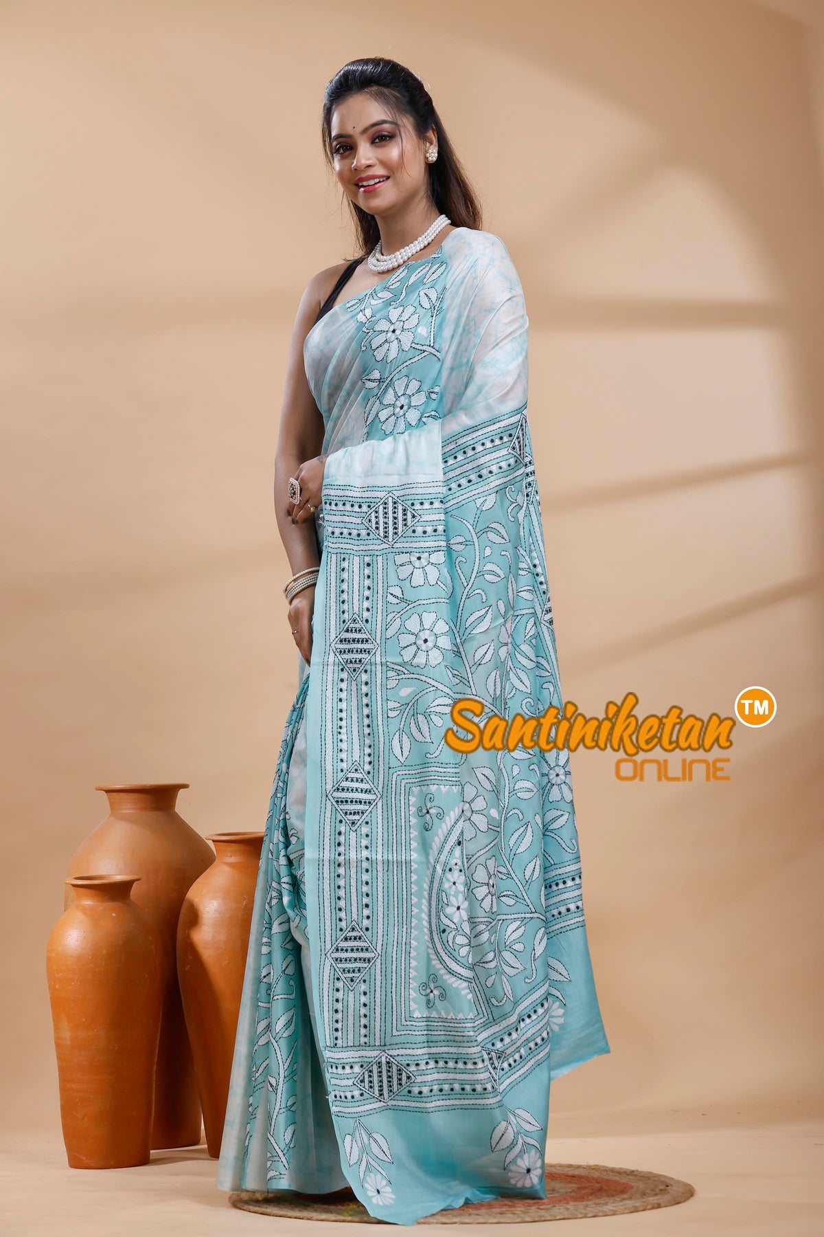 Bangalore Silk Batik Kantha Stitch Saree