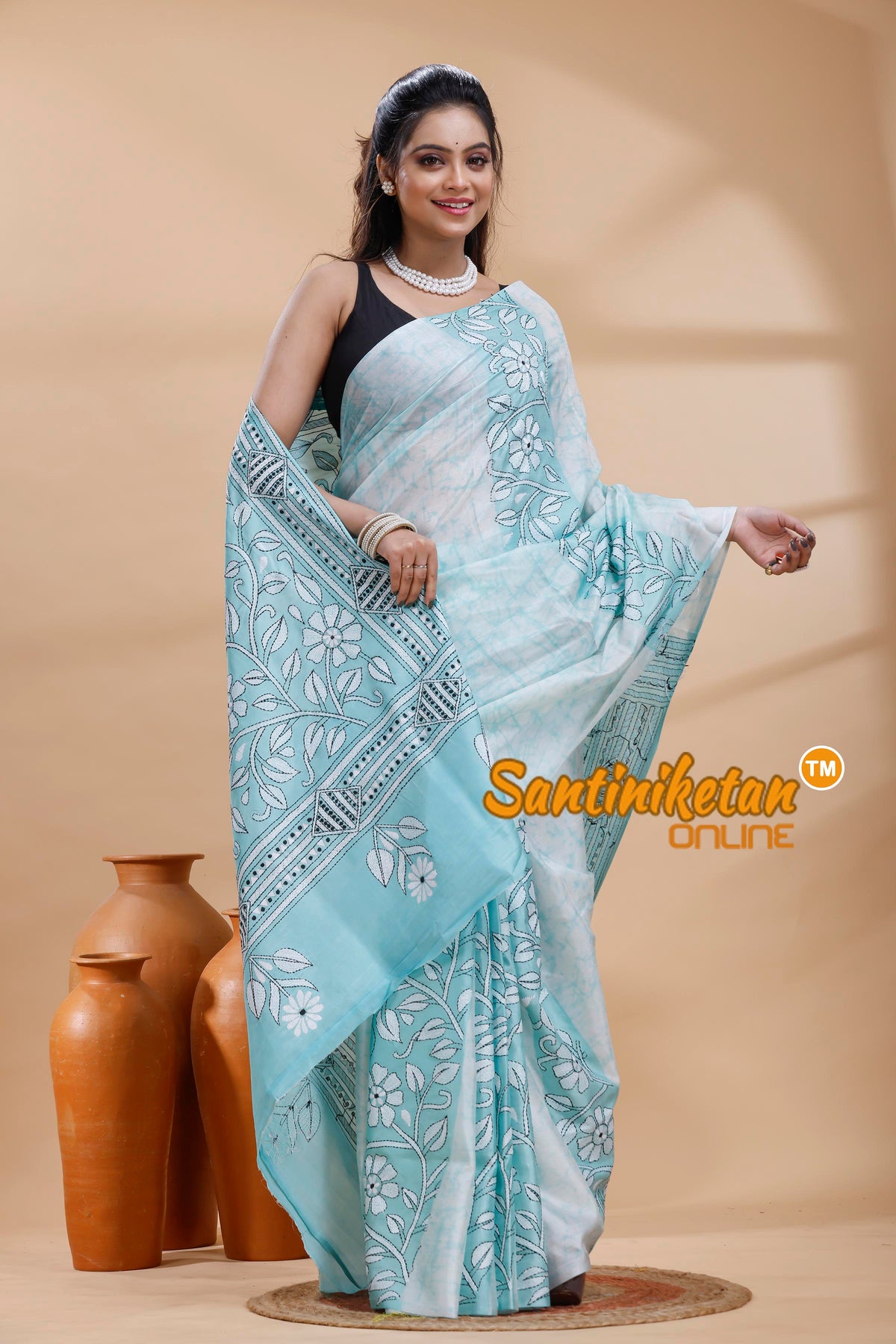 Bangalore Silk Batik Kantha Stitch Saree