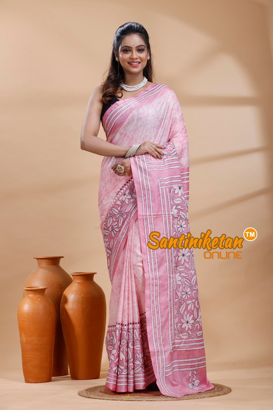 Bangalore Silk Batik Kantha Stitch Saree