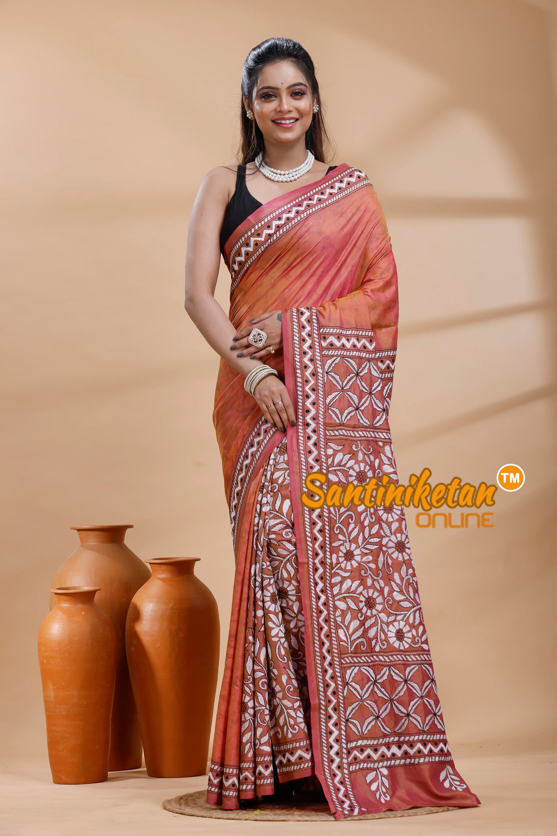 Bangalore Silk Batik Kantha Stitch Saree