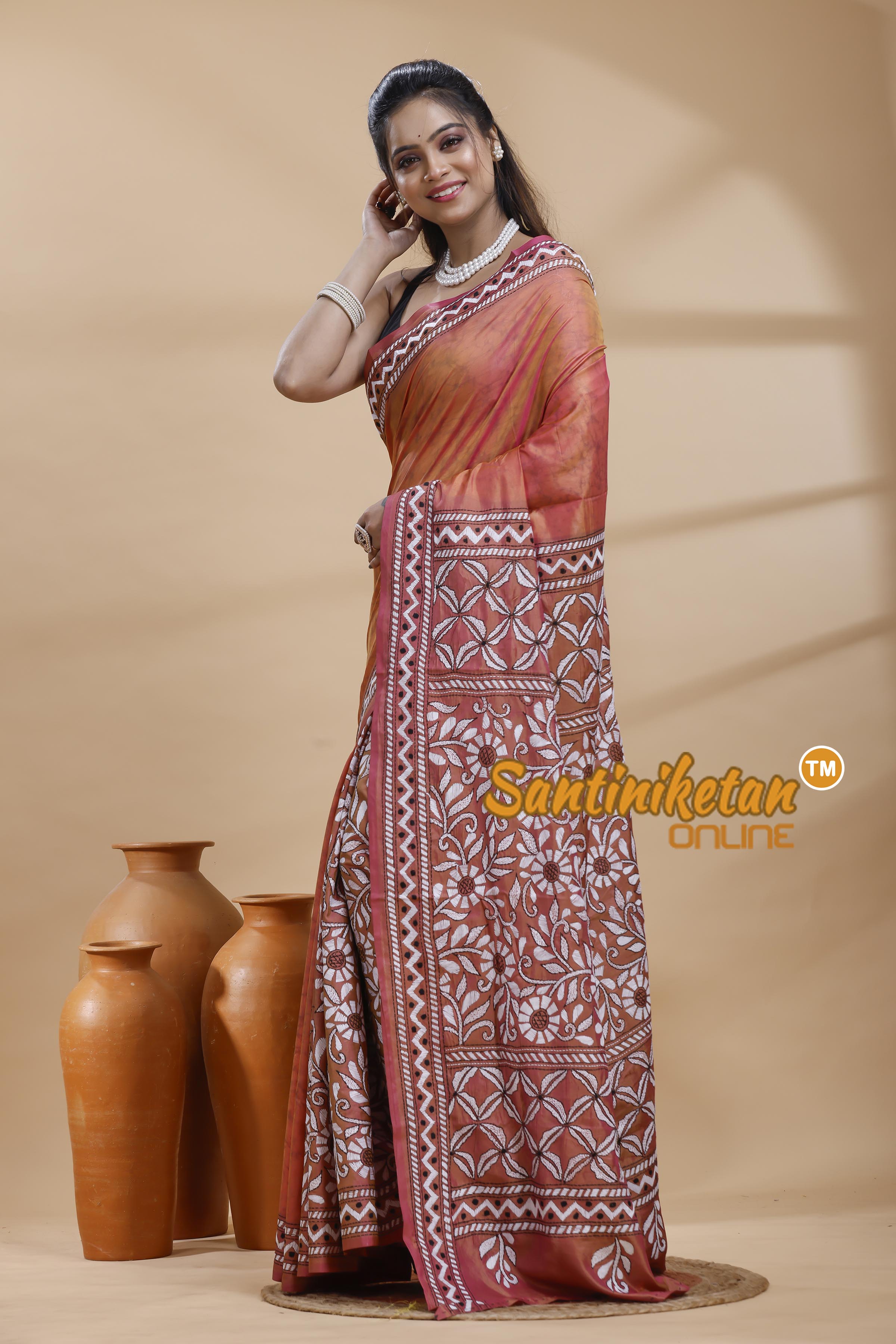 Bangalore Silk Batik Kantha Stitch Saree
