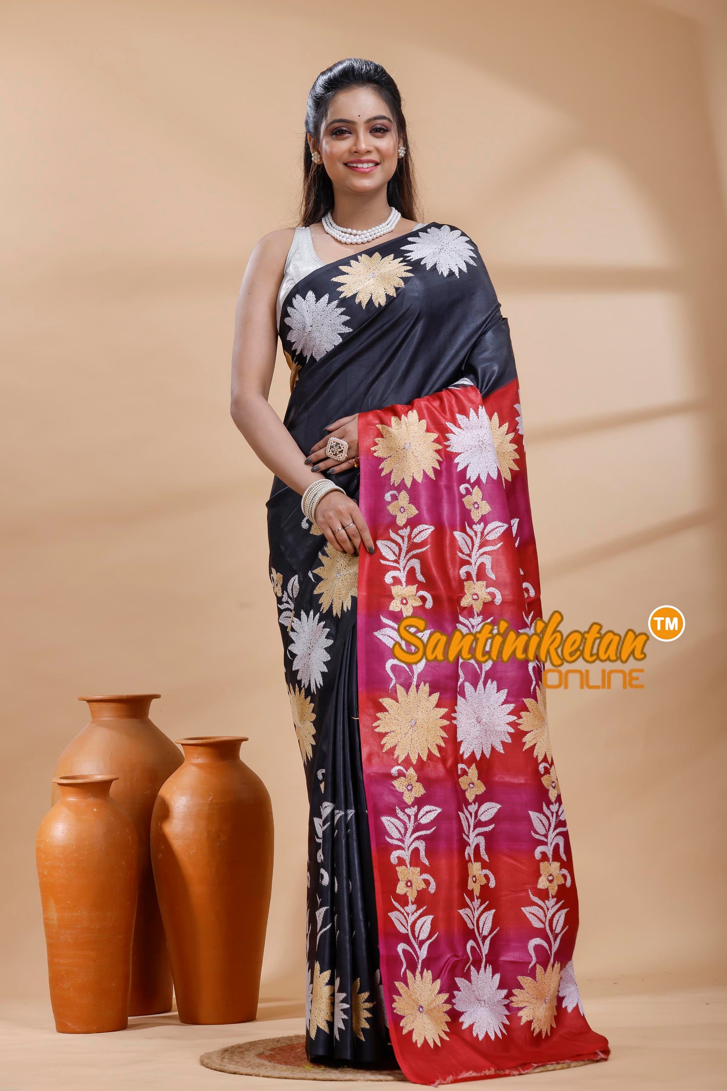 Dye Pure Gachi Tussar Silk Kantha Stitch Saree