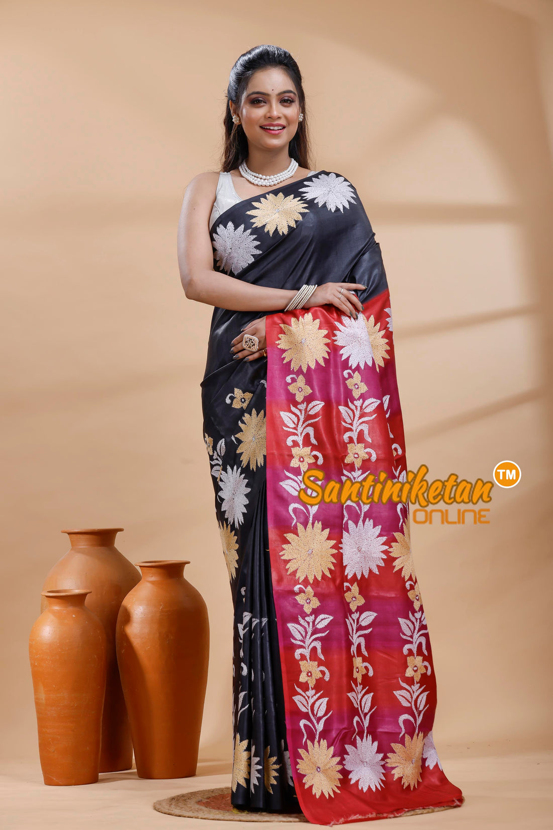 Dye Pure Gachi Tussar Silk Kantha Stitch Saree