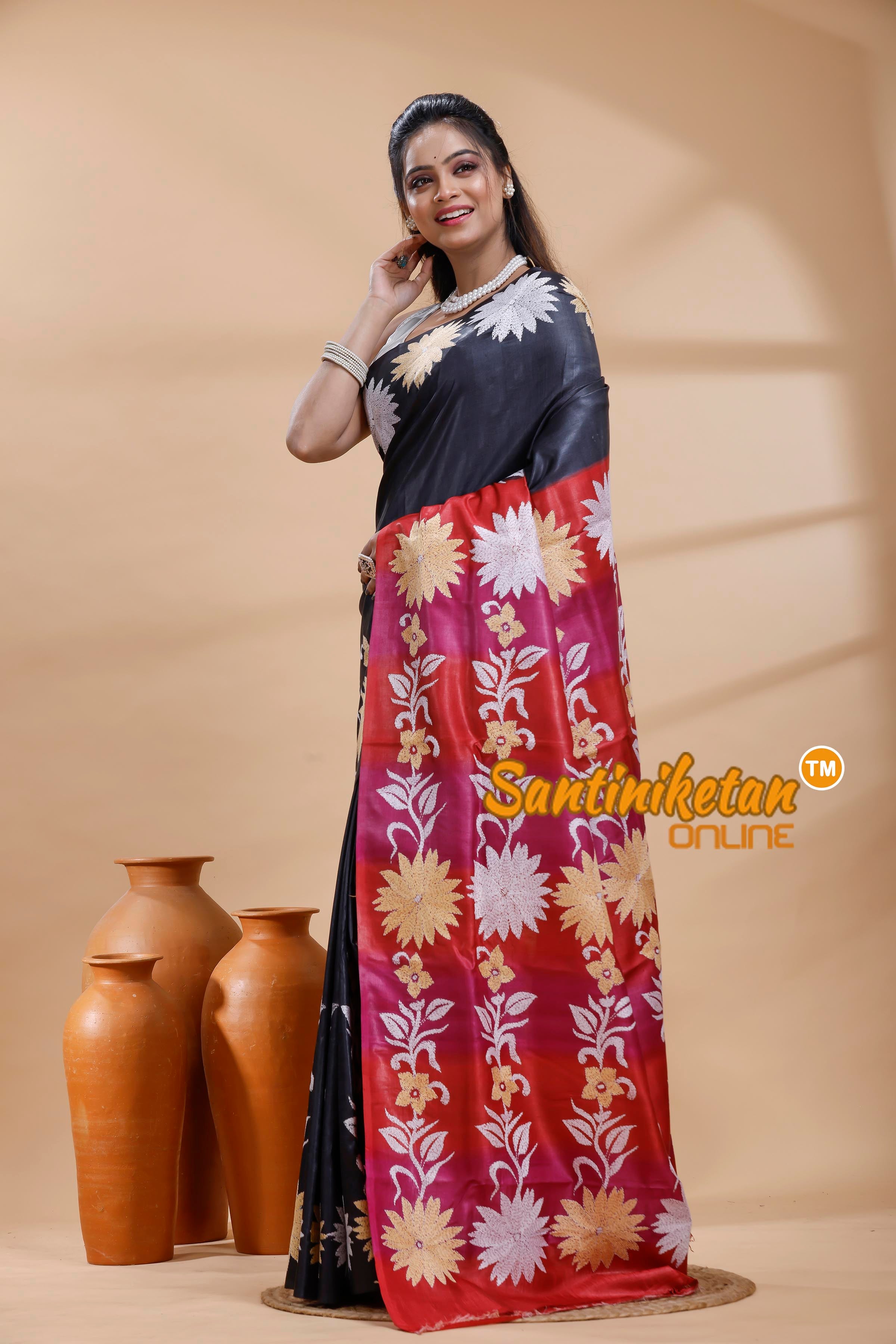 Dye Pure Gachi Tussar Silk Kantha Stitch Saree