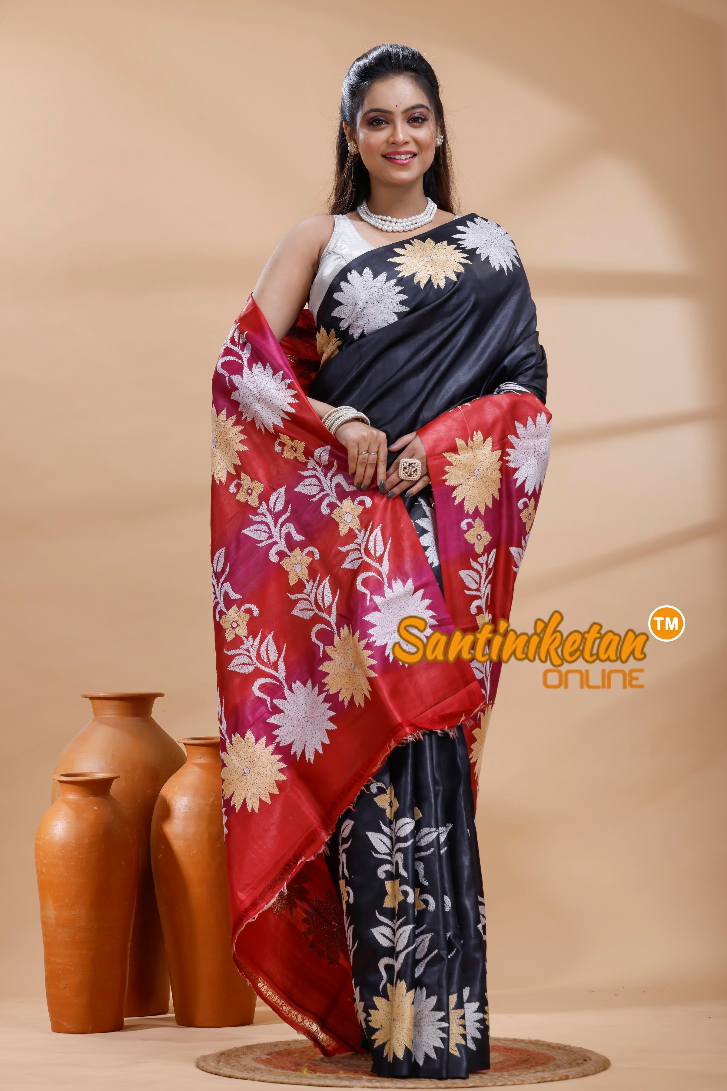 Dye Pure Gachi Tussar Silk Kantha Stitch Saree
