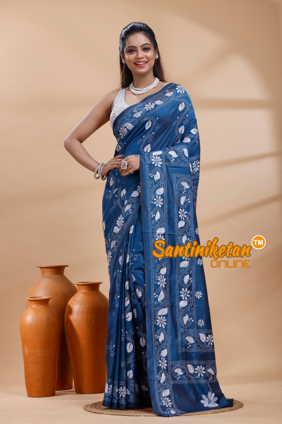 Bangalore Silk Kantha Stitch Saree