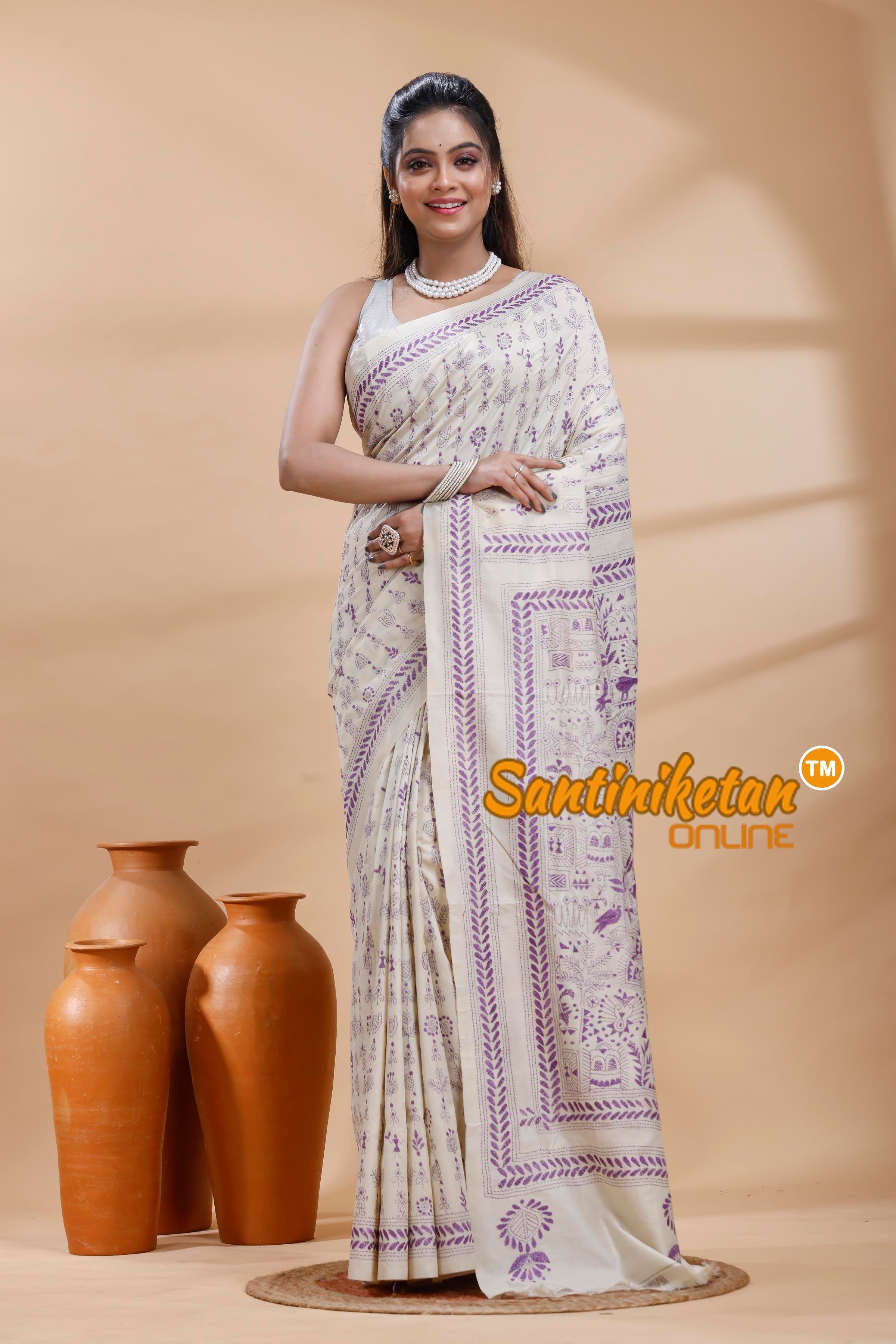 Tussar Silk Kantha Stitch Saree