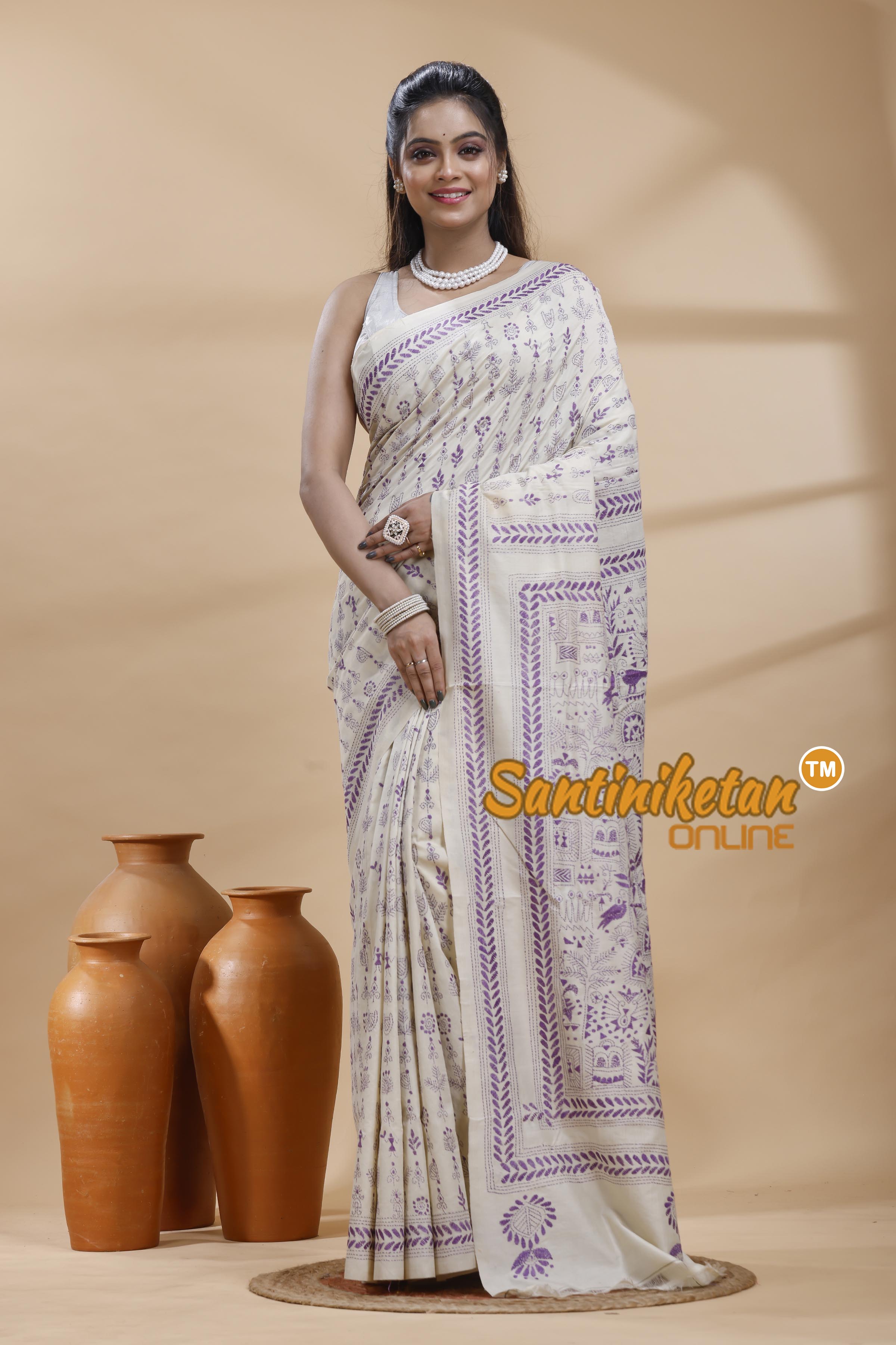 Tussar Silk Kantha Stitch Saree