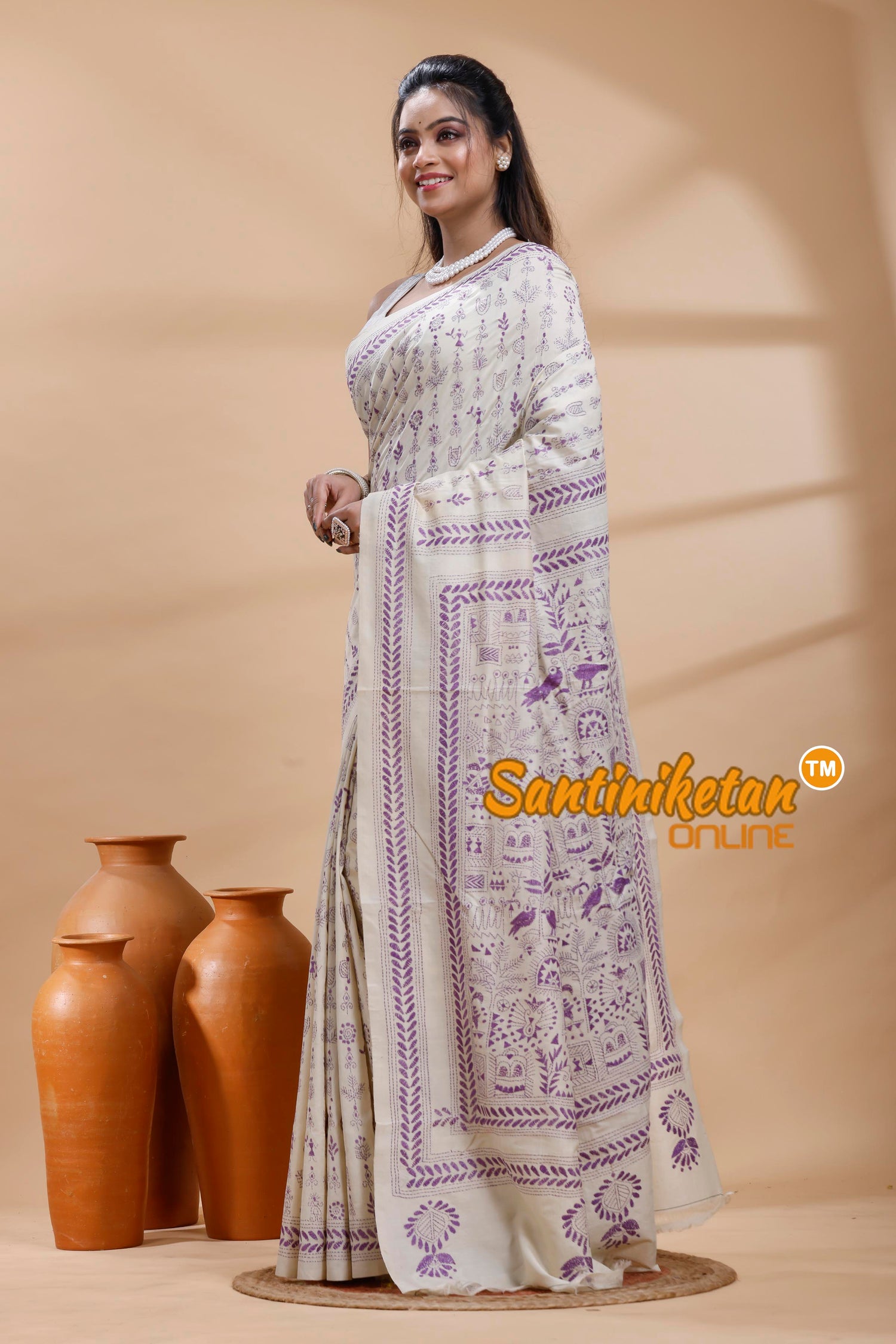 Tussar Silk Kantha Stitch Saree